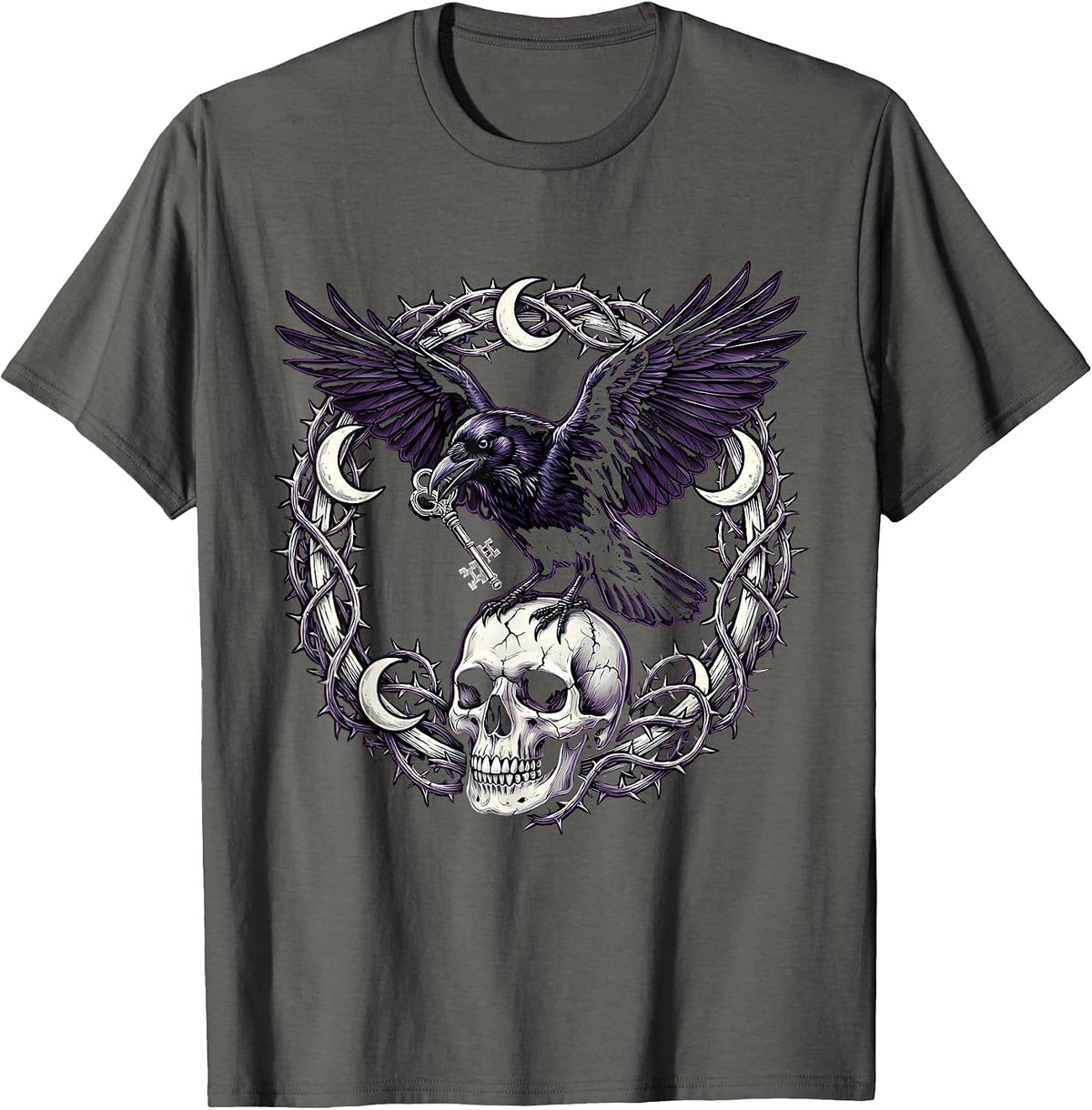 Goth Crow Holding a Key Illustration T-Shirt - Asphalt Grey