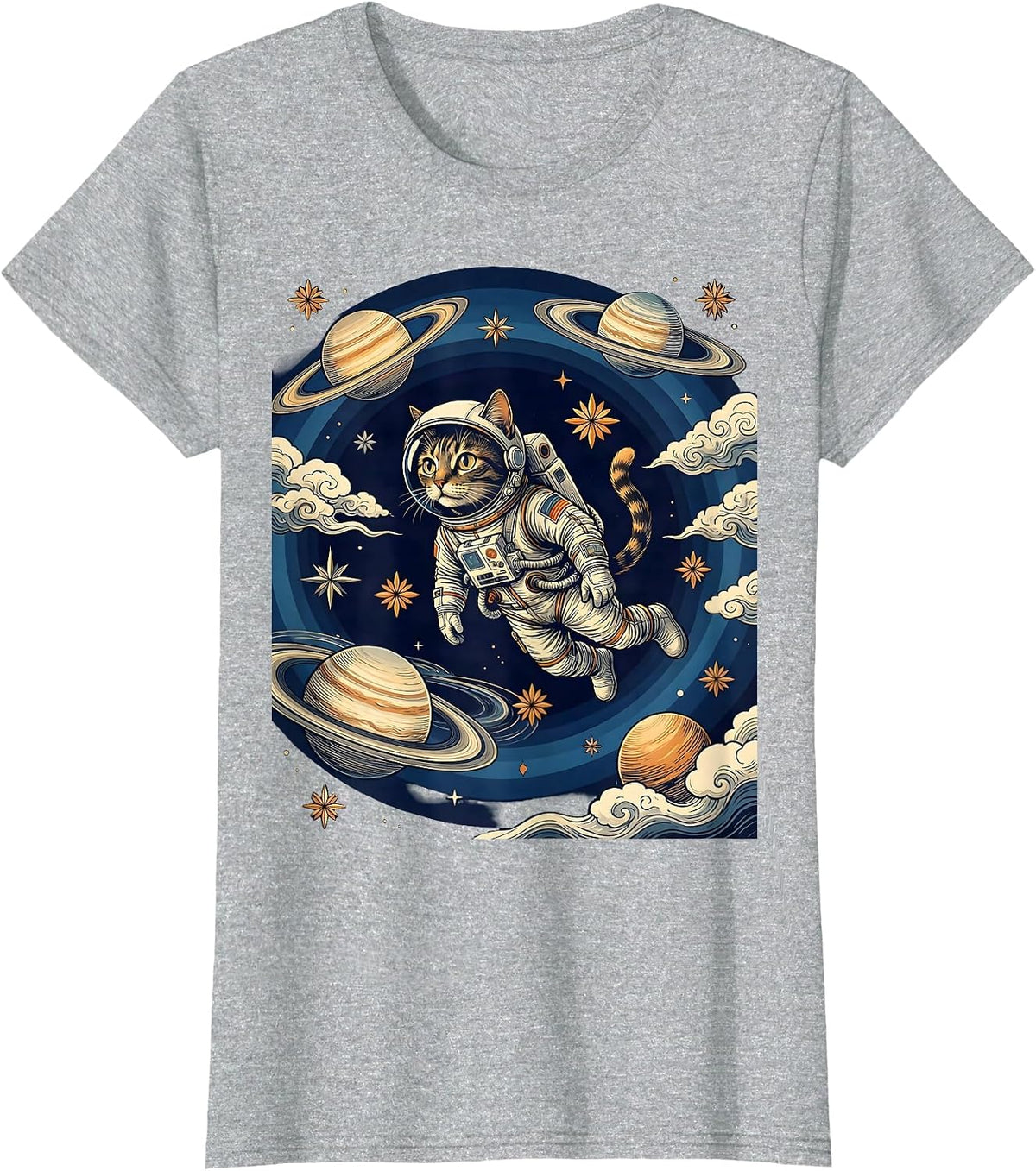 Women's Cat Astronaut Floating in Outer Space Illustration T-Shirt - Heather Grey