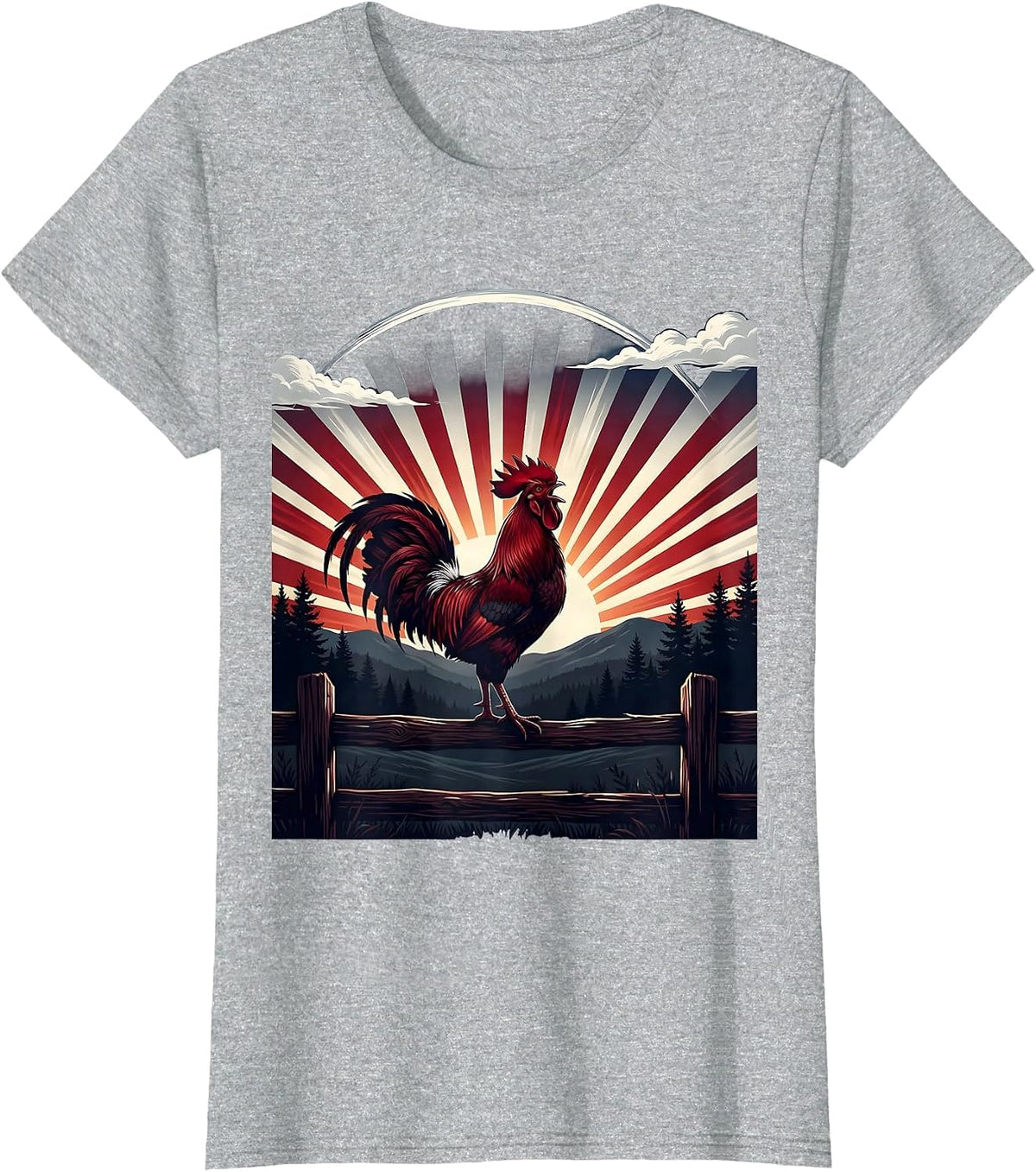 Rooster Crowing at Sunrise Red Sky Illustration T-Shirt - Heather Grey
