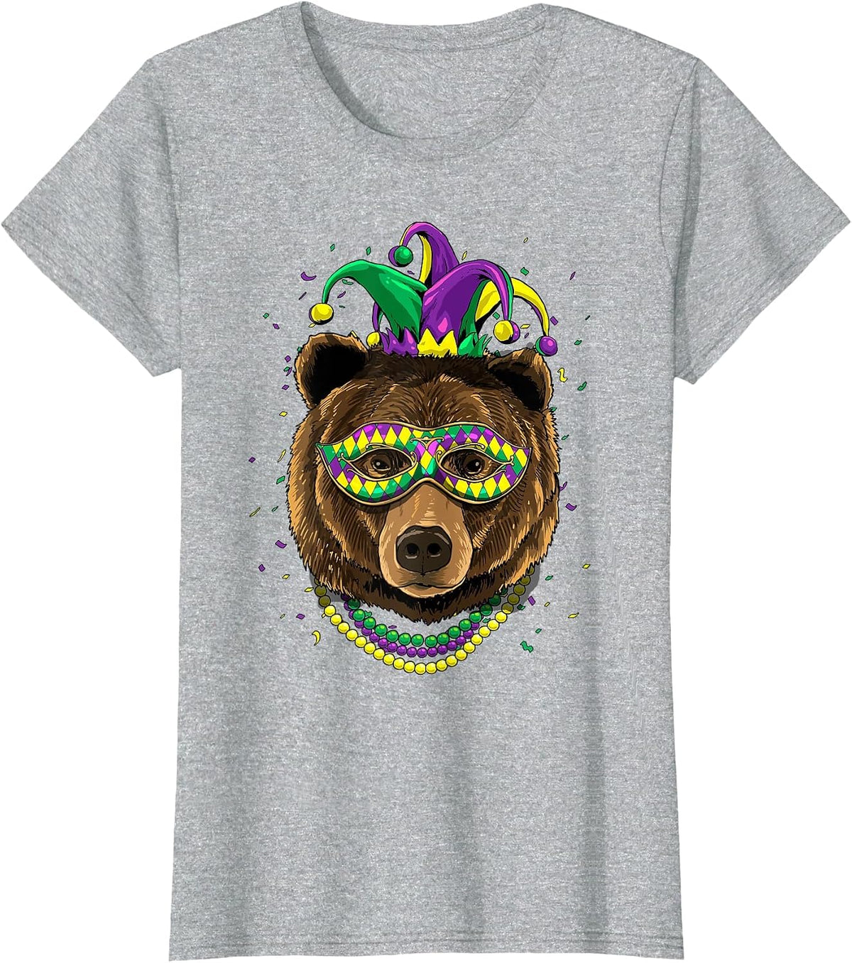 Bear Animal Lover Cute Mardi Gras Carnival Jester T-Shirt, Women, Heather Grey, Large - As Pictured