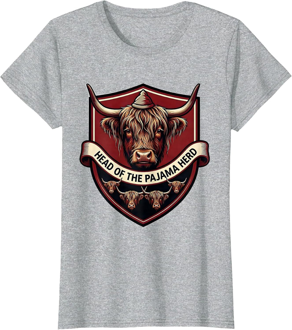 Head of the Pajama Herd Cute Highland Cow Christmas Pajama T-Shirt - Heather Grey