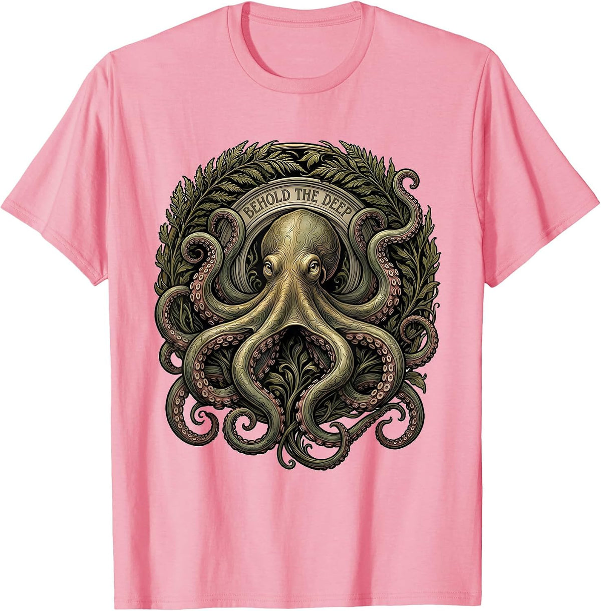 Men's Behold The Deep Art Nouveau Octopus Ocean Creature Lover T-Shirt - Pink