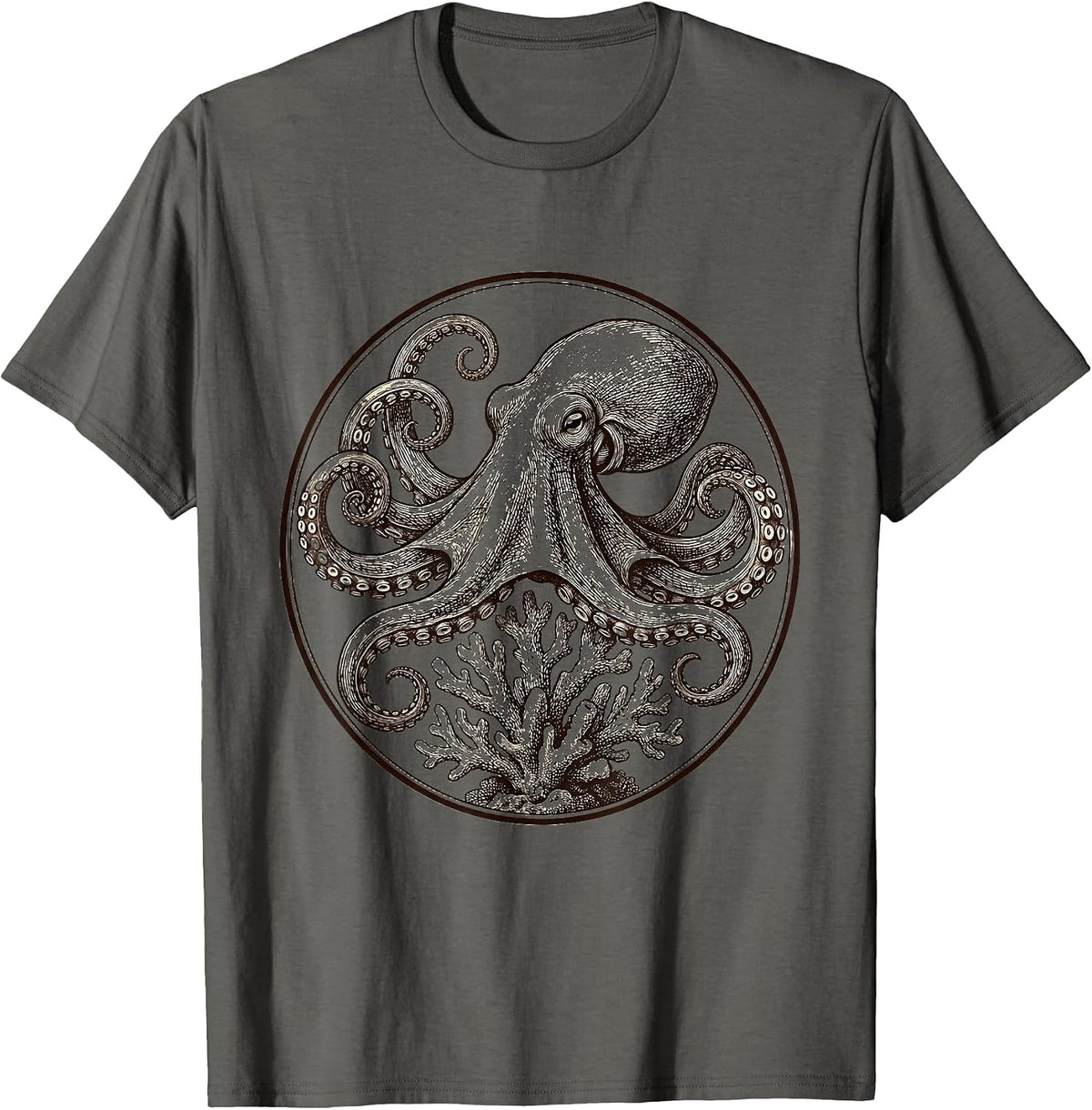Octopus Curled Around Coral Reef Illustration T-Shirt - Asphalt Grey