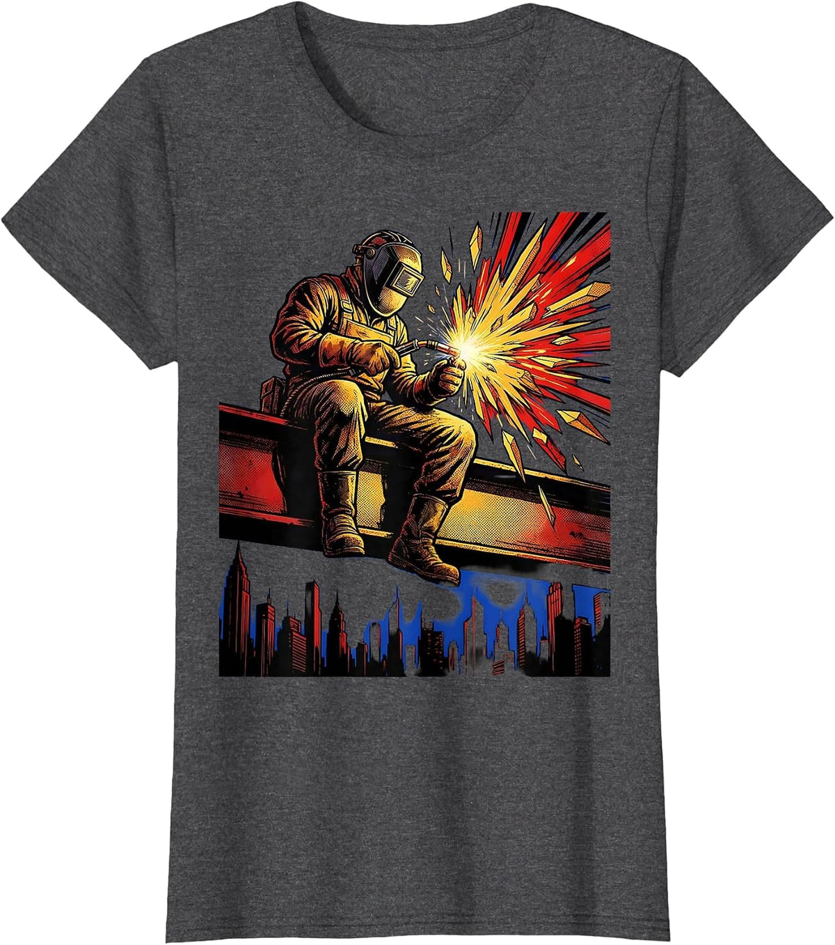 Women's Welder on Iron Beam Above City Skyline T-Shirt - Dark Heather Grey