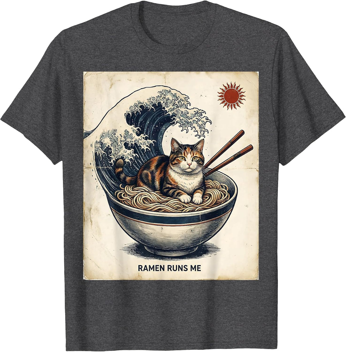 Men's Ramen Runs Me Vintage Anime Cat Novelty Humor T-Shirt - Dark Heather Grey