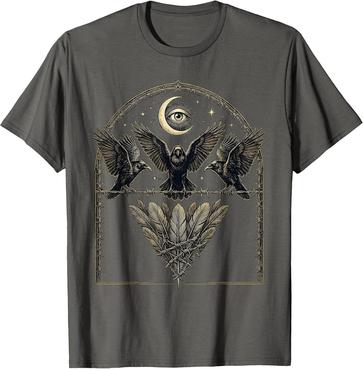 Crows on Barbed Wire Dark Horror Illustration T-Shirt - Asphalt Grey