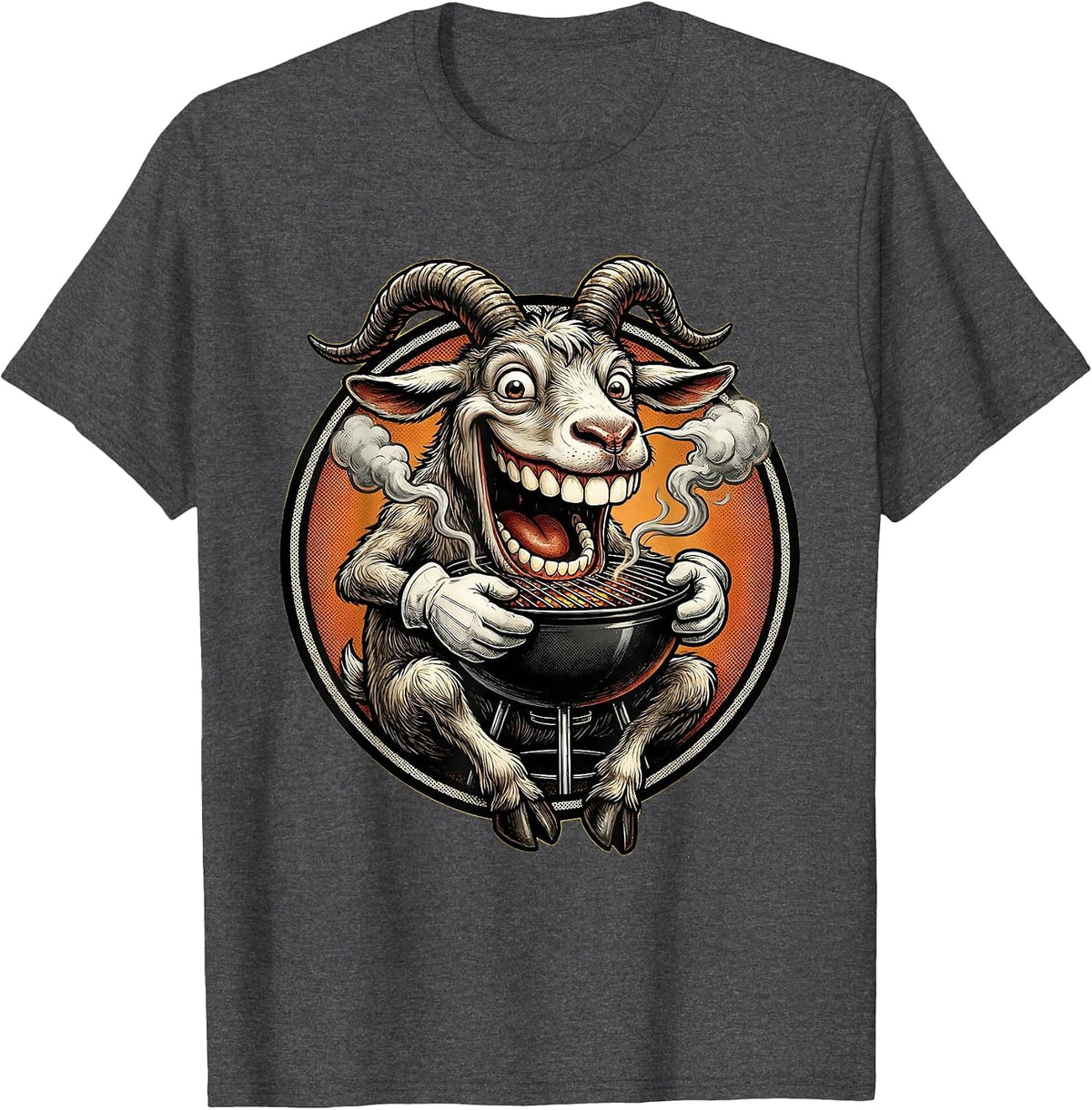 Funny Goat Eating BBQ Grill Whole Graphic T-Shirt - Dark Heather Grey
