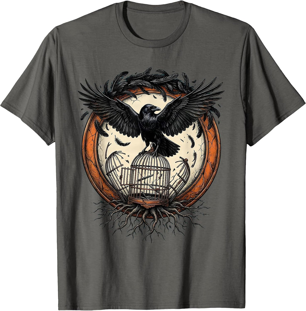 Crow Feathers Broken Cage Freedom Graphic T-Shirt - Asphalt Grey