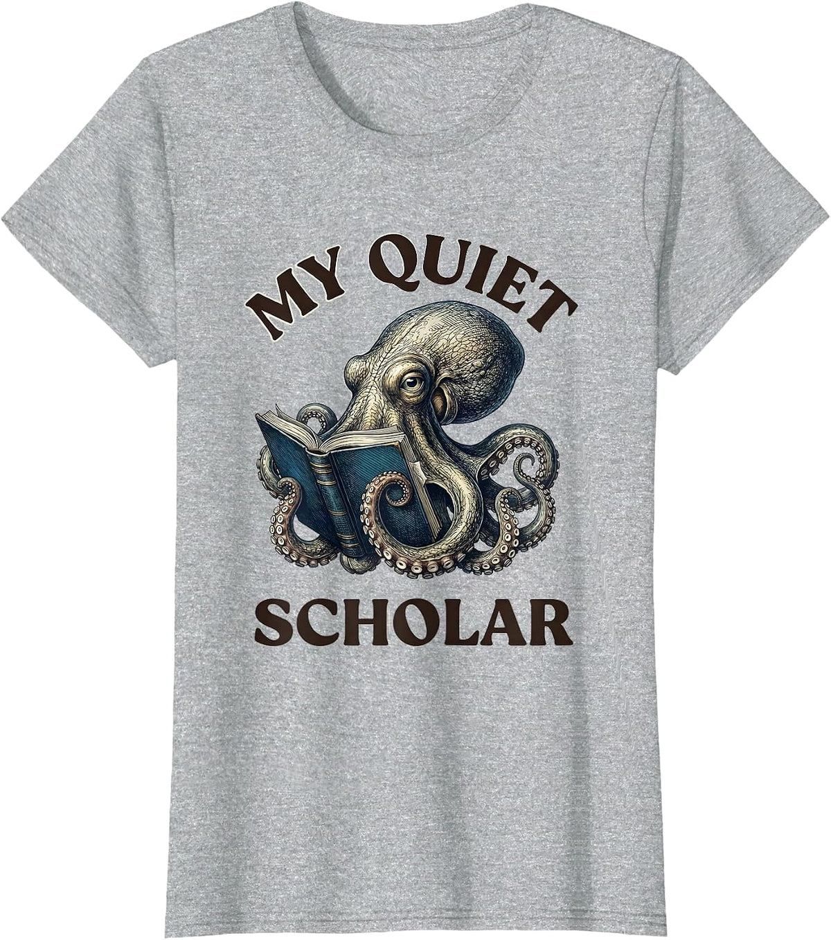 Women's My Quiet Scholar Botanical Octopus Book Lover Reader Gift T-Shirt - Heather Grey