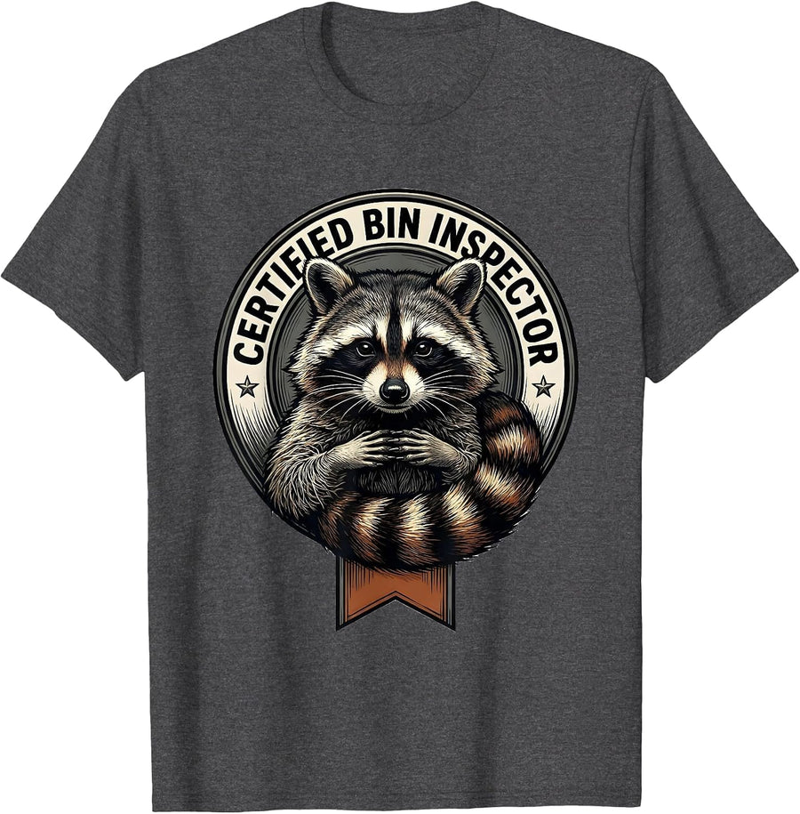 Men's Certified Bin Inspector Funny Raccoon Trash Panda Absurd T-Shirt - Dark Heather Grey