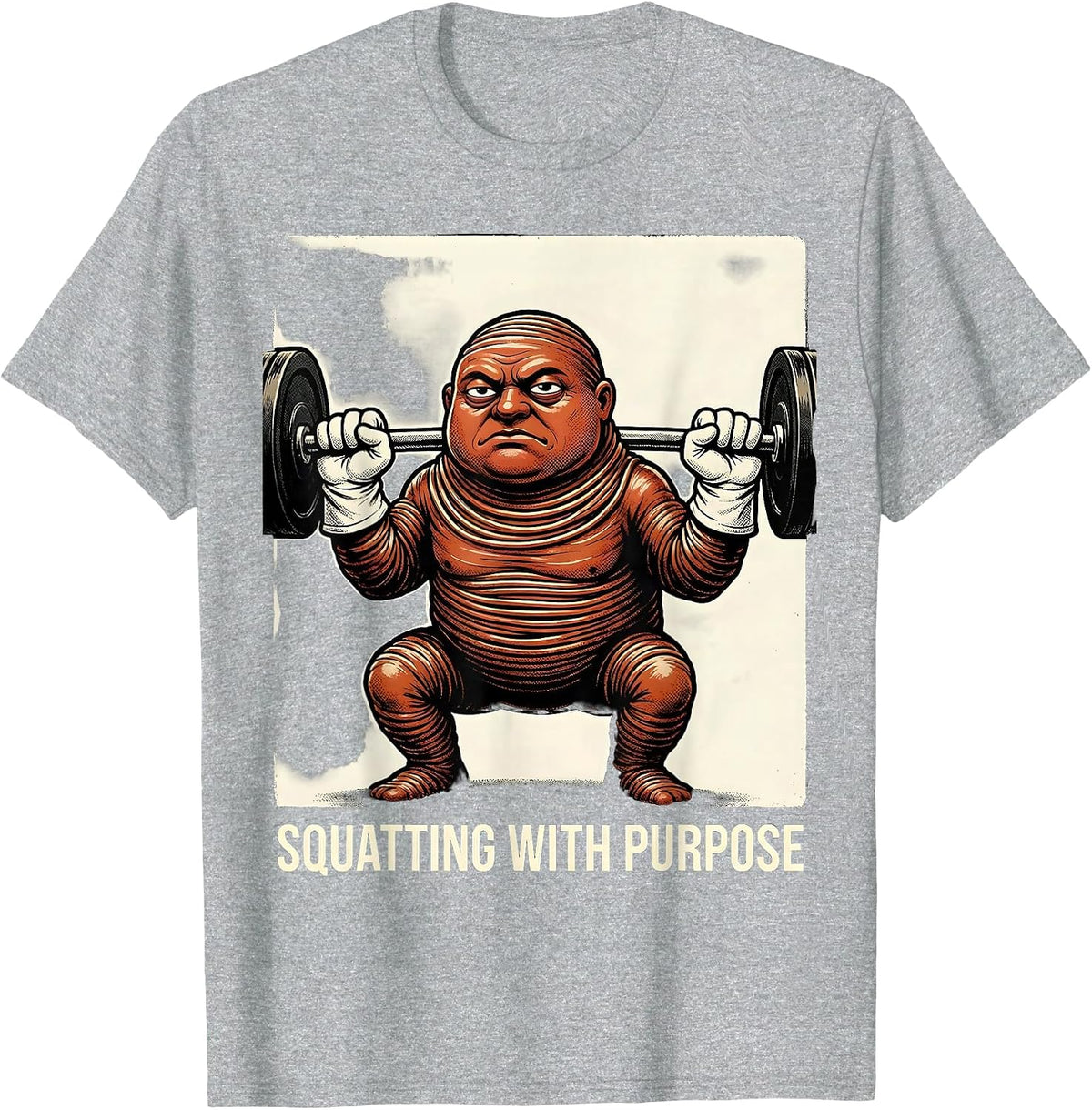 Men's Squatting With Purpose Retro Cartoon Funny Gym Weightlifting T-Shirt - Heather Grey