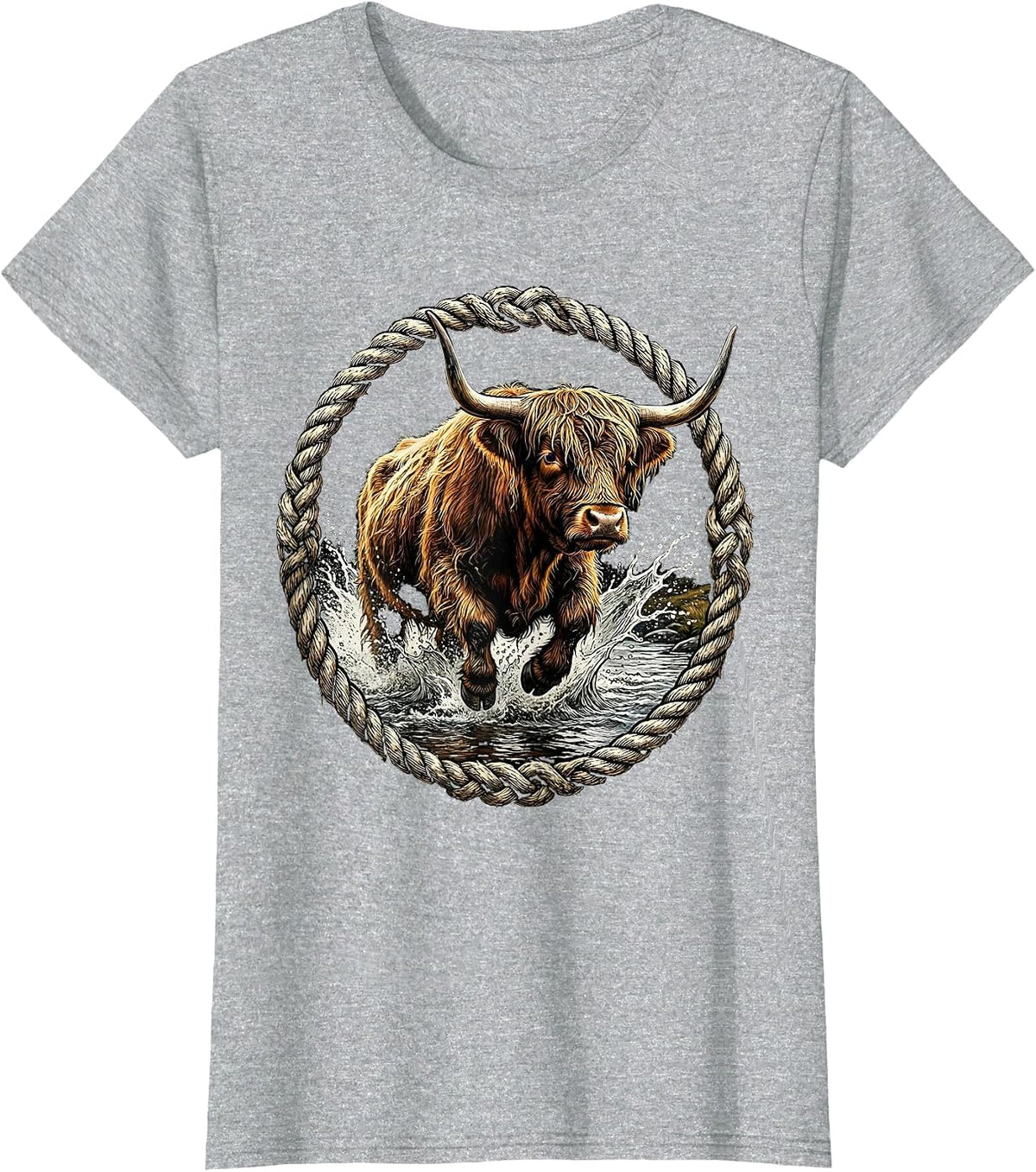 Women's Highland Cow Charging Through River Crossing T-Shirt - Heather Grey