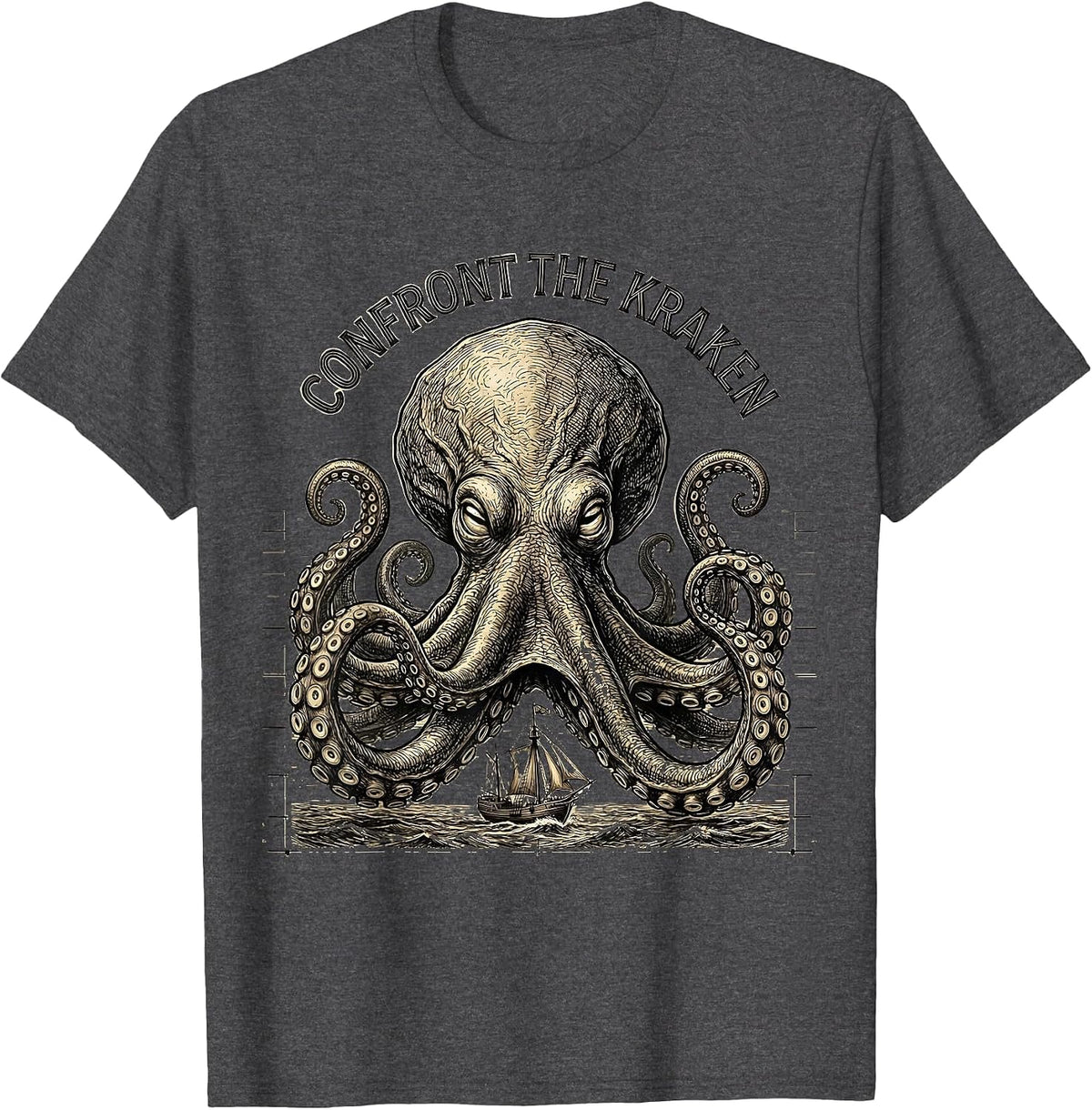 Confront The Kraken Vintage Illustration Octopus Lover Sea T-Shirt - Dark Heather Grey