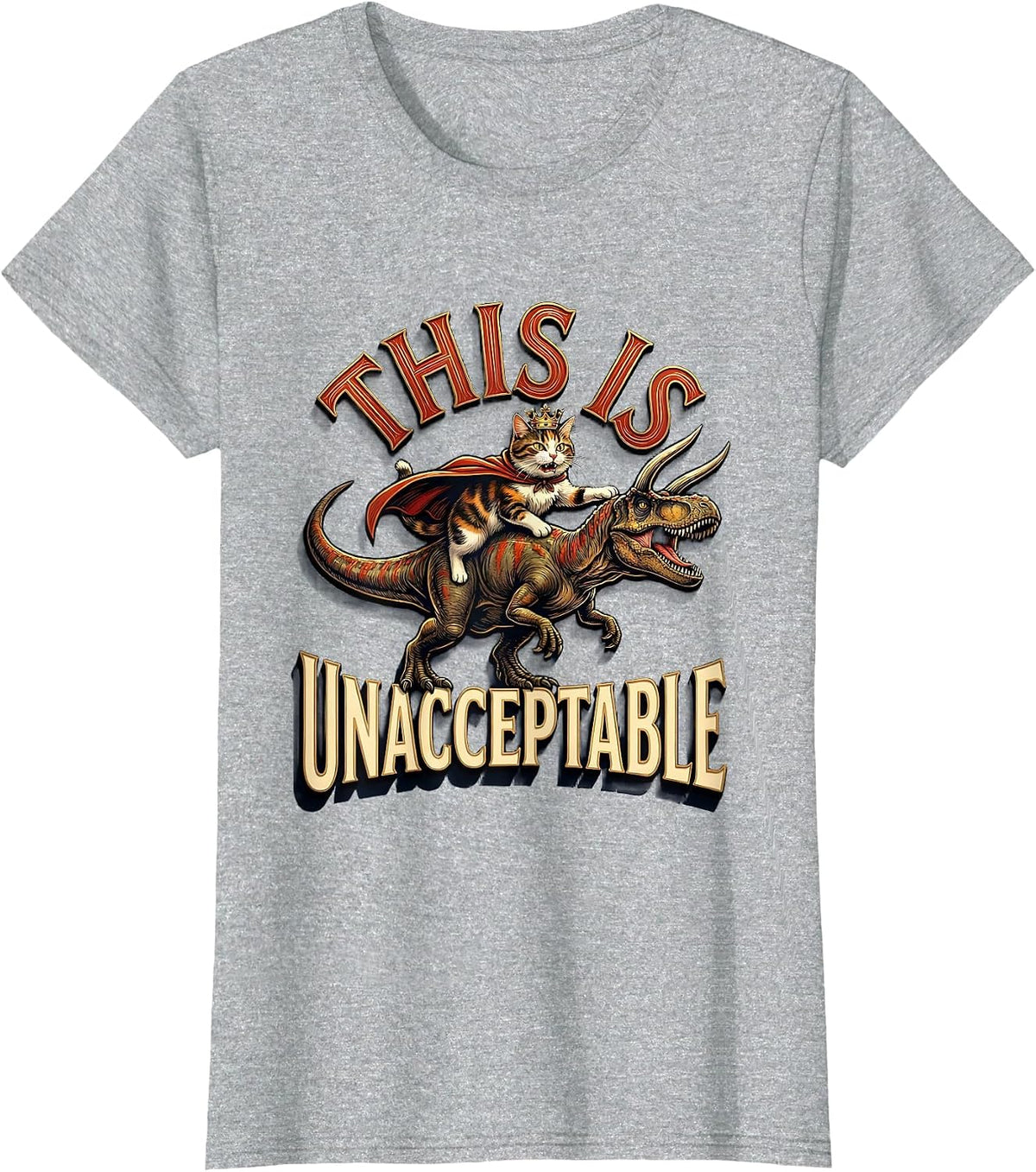 This Is Unacceptable Funny Crowned Cat Riding Dinosaur Meme T-Shirt - Heather Grey