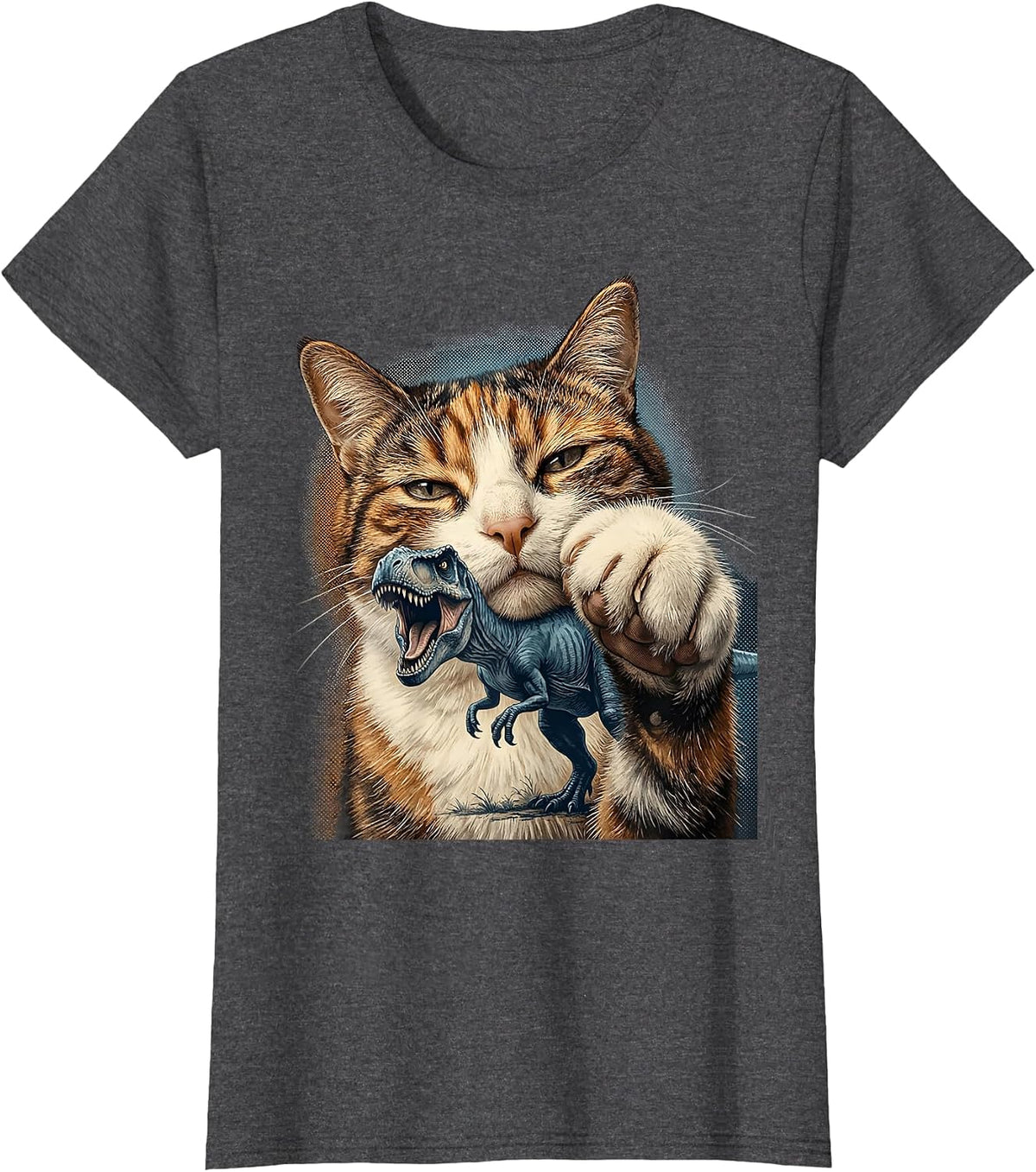 Women's Cat Selfie With T-Rex Dinosaur Funny Meme Cat Lover T-Shirt - Dark Heather Grey