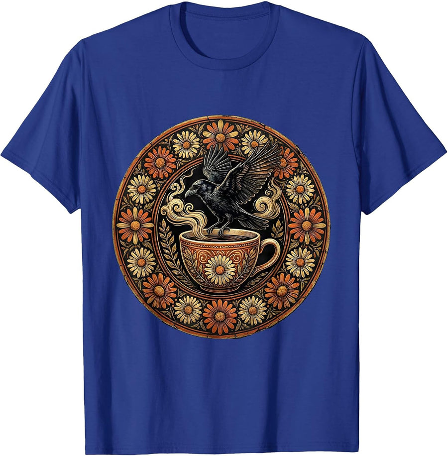 Crow Landing on Coffee Cup Illustration T-Shirt - Royal Blue