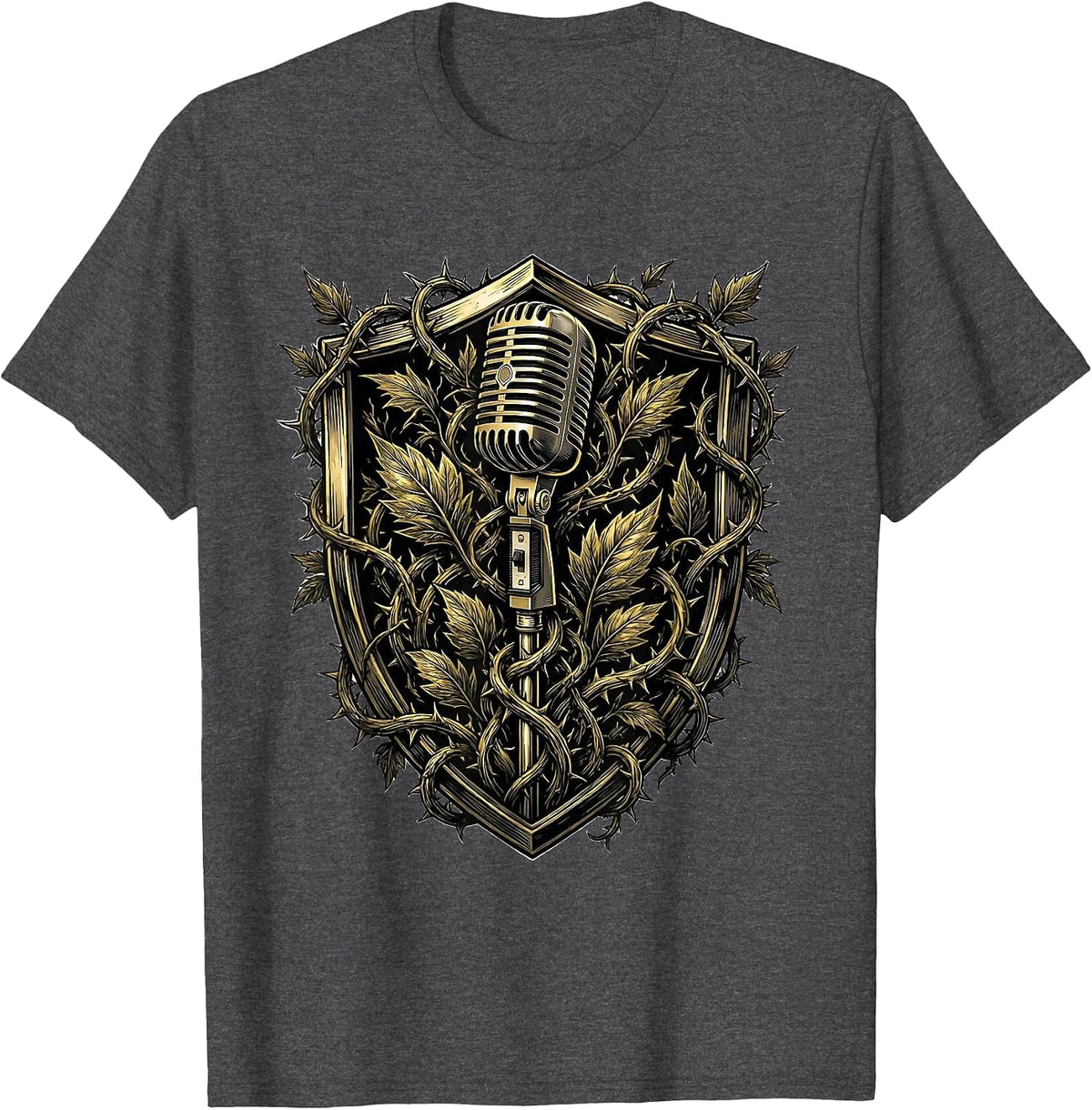 90s Rock Microphone Vines Dark Botanical Design T-Shirt - Dark Heather Grey