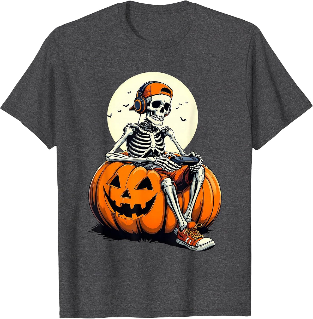 Spooky Pumpkin & Skeleton Gamer Tee | Boys & Kids Halloween T-Shirt - Dark Heather Grey
