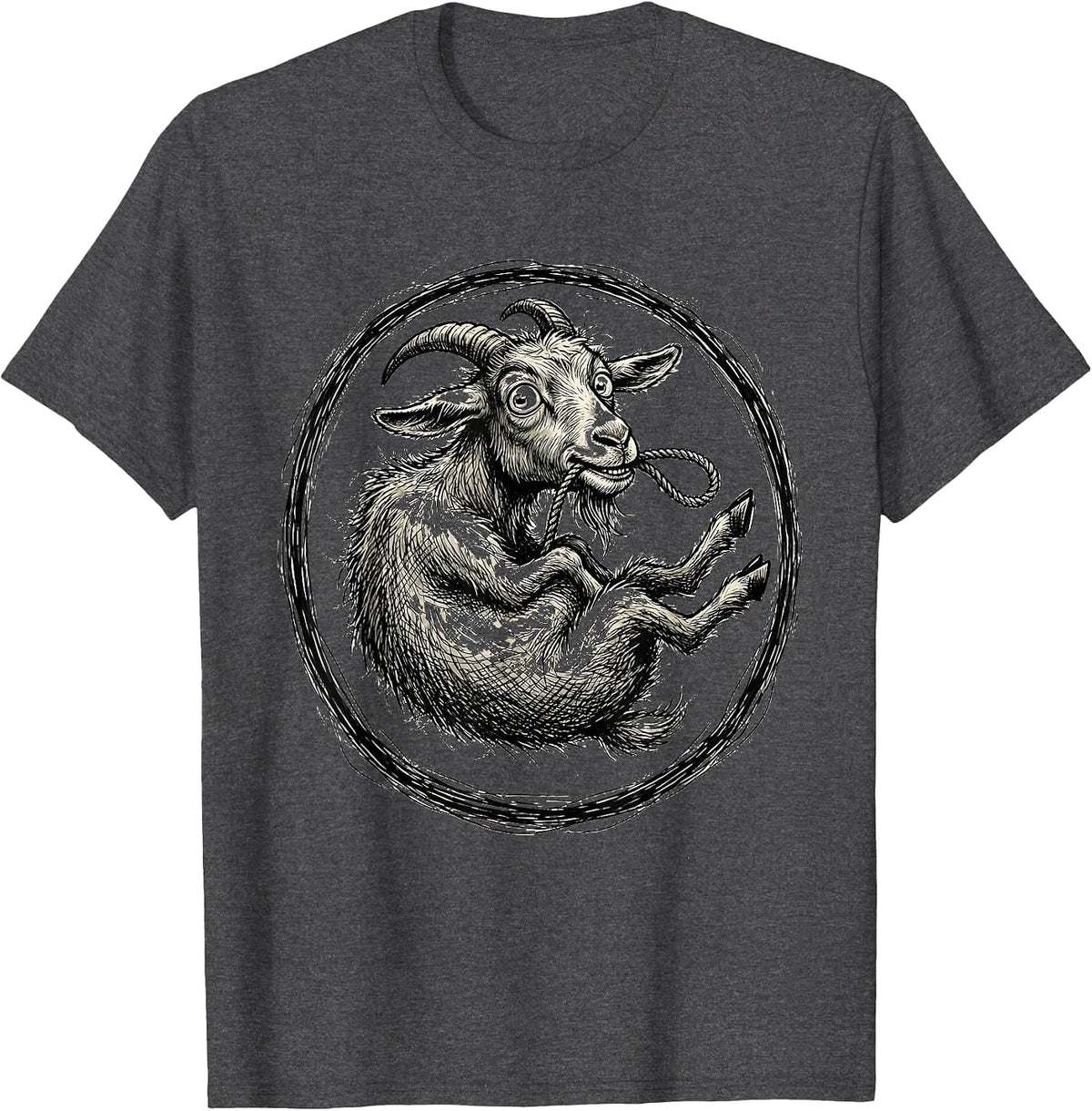 Men's Goat Eating Its Own Leash Funny Animal Art T-Shirt - Dark Heather Grey