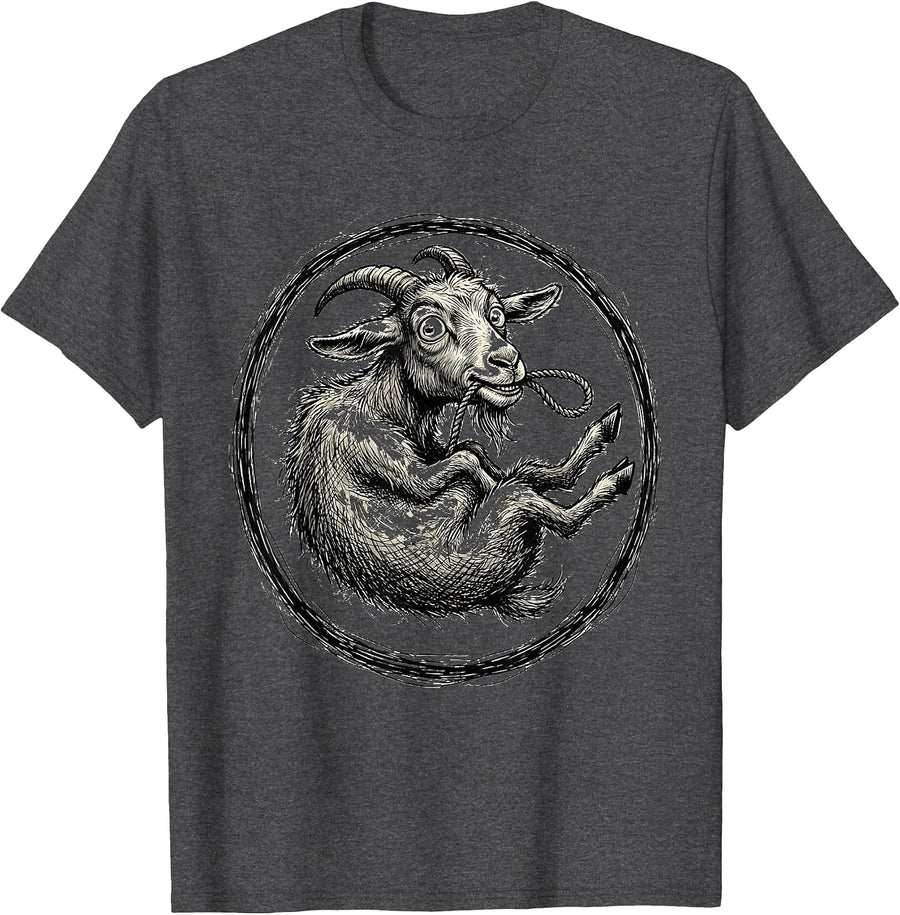 Men's Goat Eating Its Own Leash Funny Animal Art T-Shirt - Dark Heather Grey