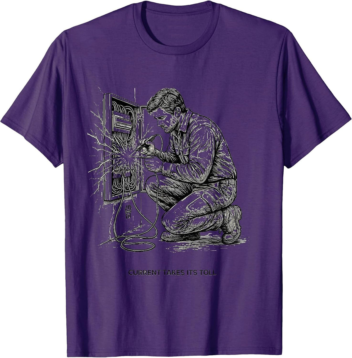 Men's Current Takes Its Toll Funny Electrician Lineman Trade Humor T-Shirt - Purple