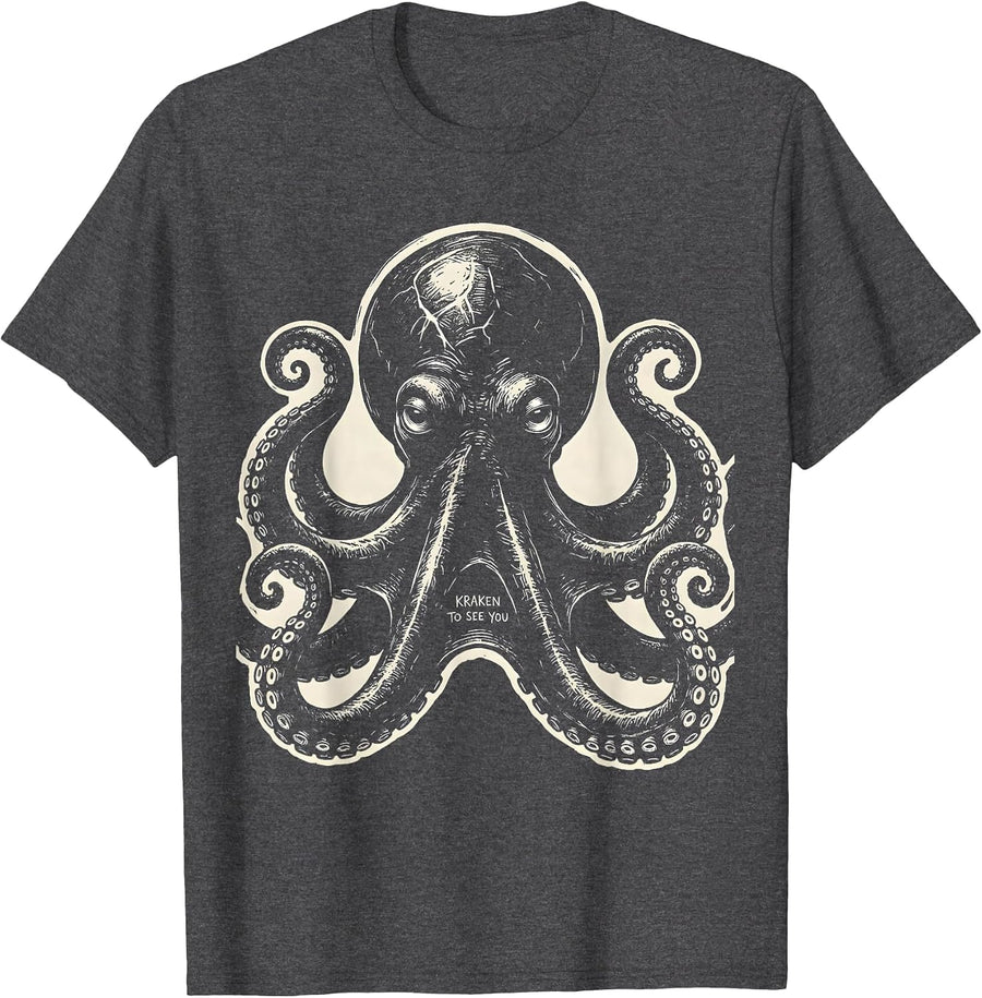 Men's Kraken To See You Playful Octopus Lover Vintage Sea Creature T-Shirt - Dark Heather Grey