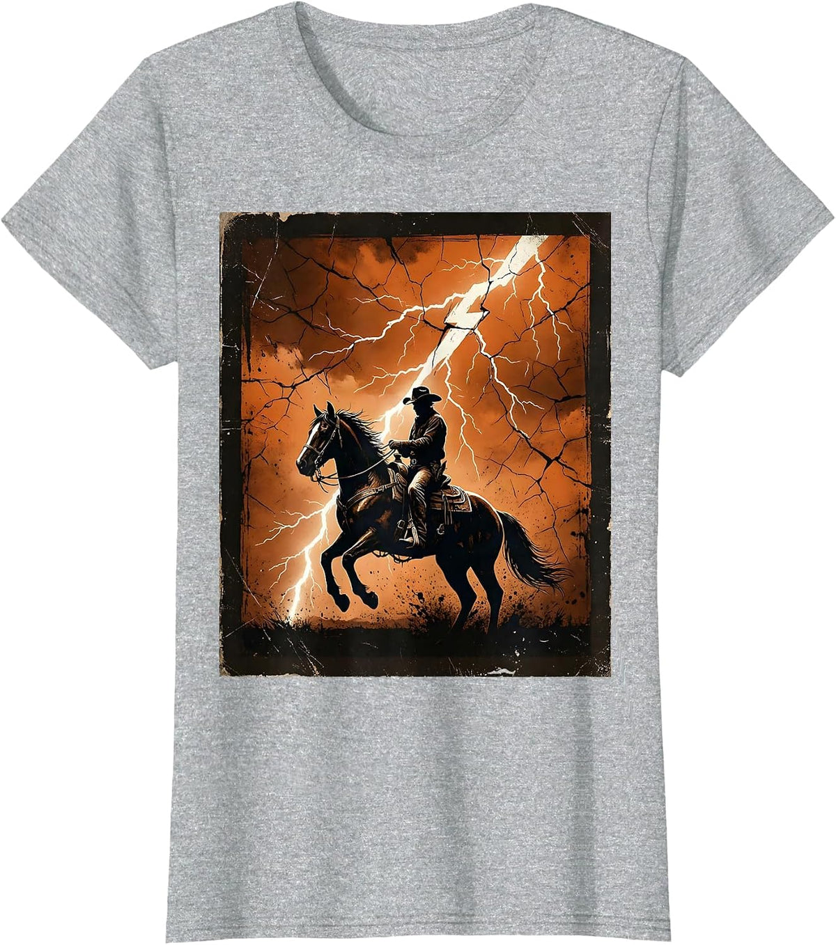 Women's Cowboy Riding Horse Through Lightning Storm T-Shirt - Heather Grey
