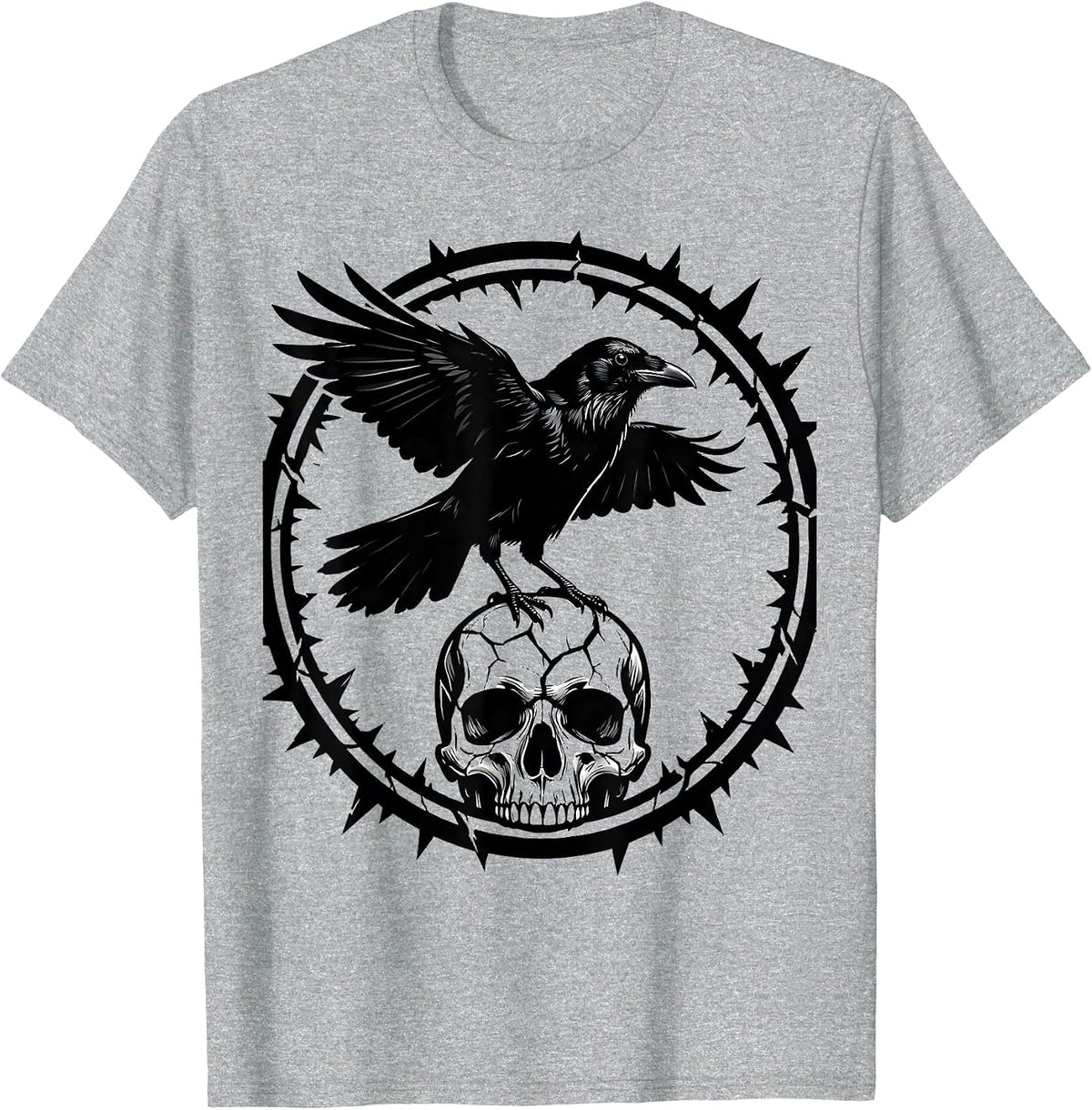 Men's Crow Perched on Skull Dark Gothic Horror Design T-Shirt - Heather Grey