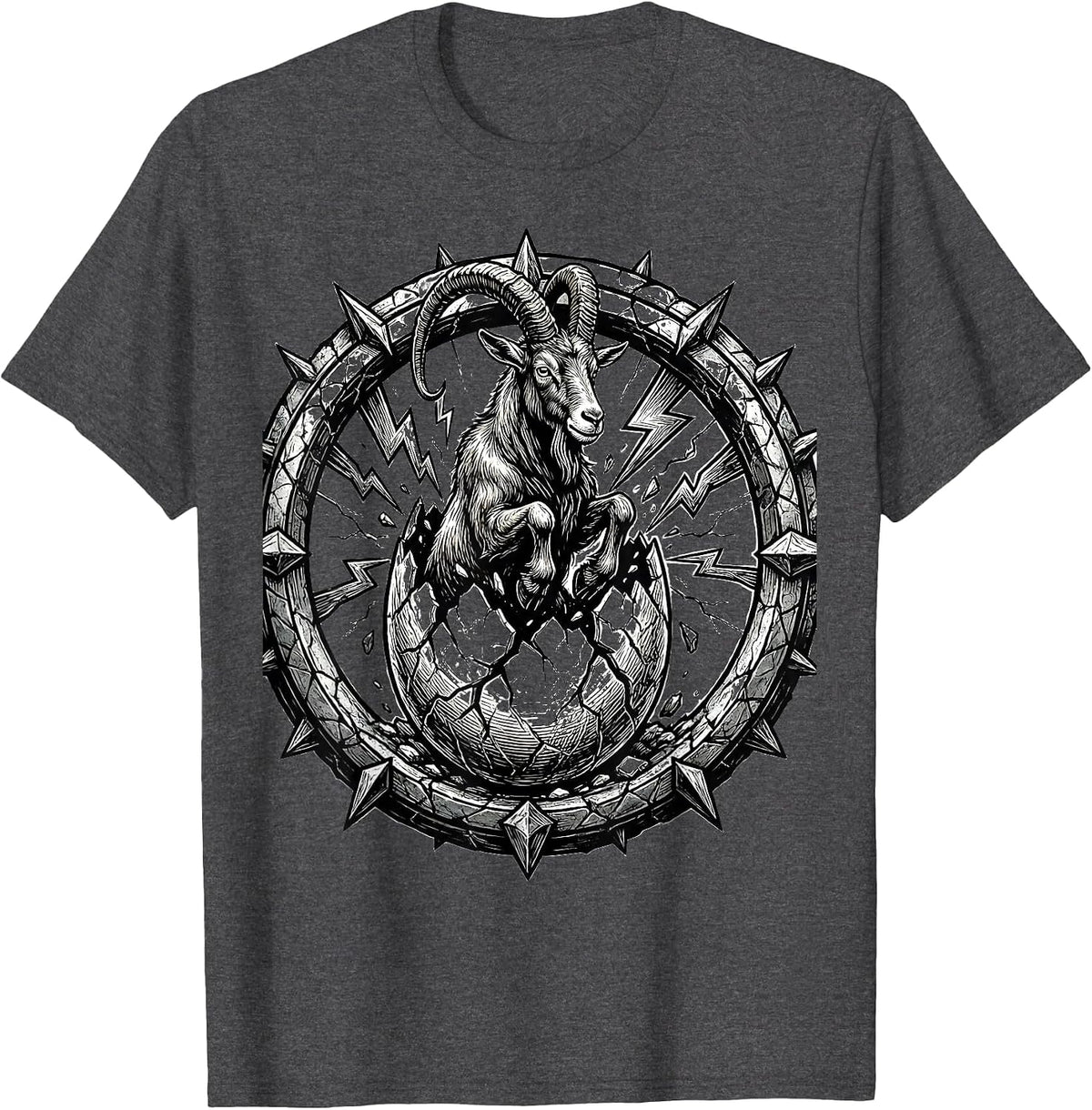 Goat Emerging From Cracked Thunder Egg T-Shirt - Dark Heather Grey