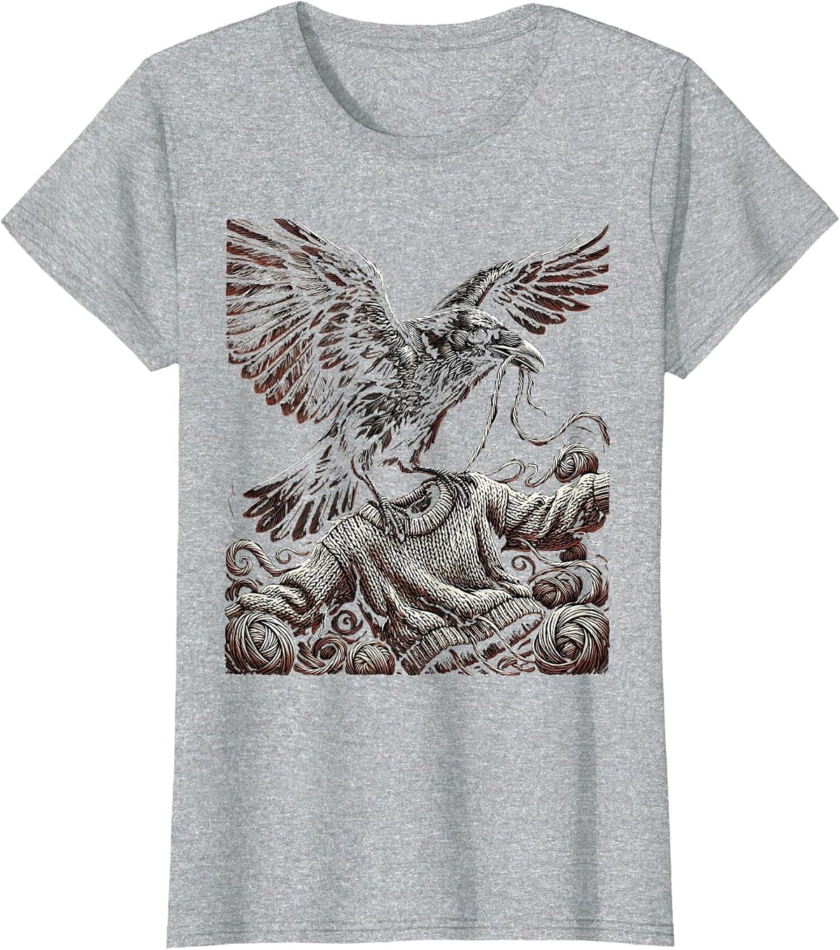 Crow Unraveling Sweater Funny Bird Art T-Shirt - Heather Grey