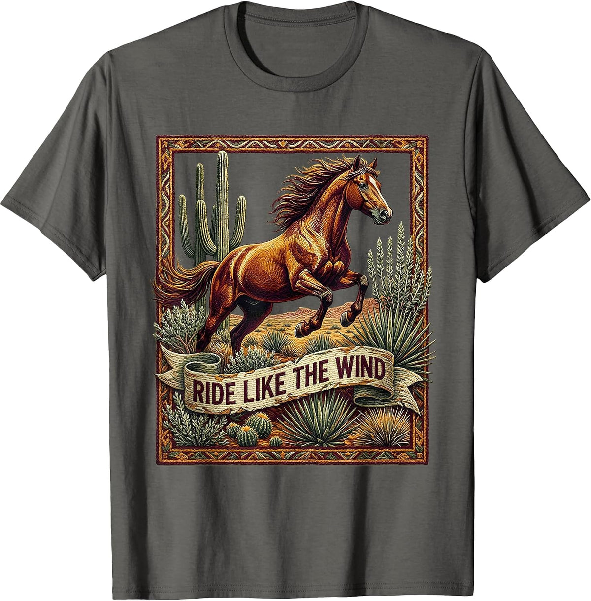 Ride Like the Wind Cowboy Graphic Design T-Shirt - Asphalt Grey