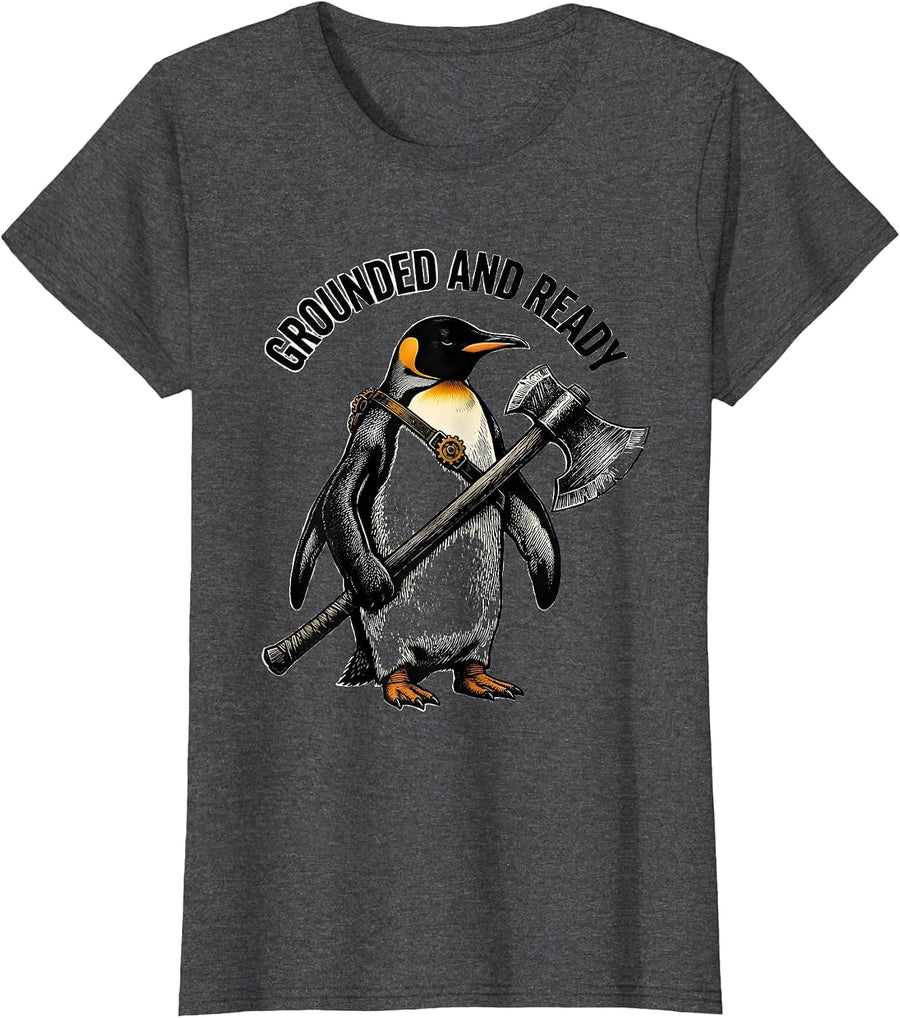 Women's Grounded And Ready Funny Penguin Tactical Bird Meme Humor T-Shirt - Dark Heather Grey