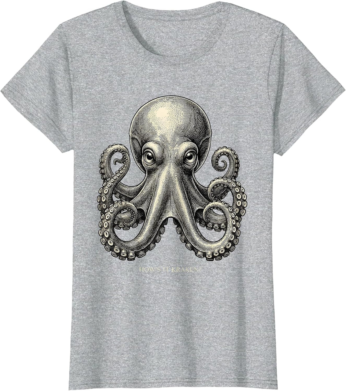 How's It Kraken? Playful Octopus Lover Crosshatch Etching T-Shirt - Heather Grey