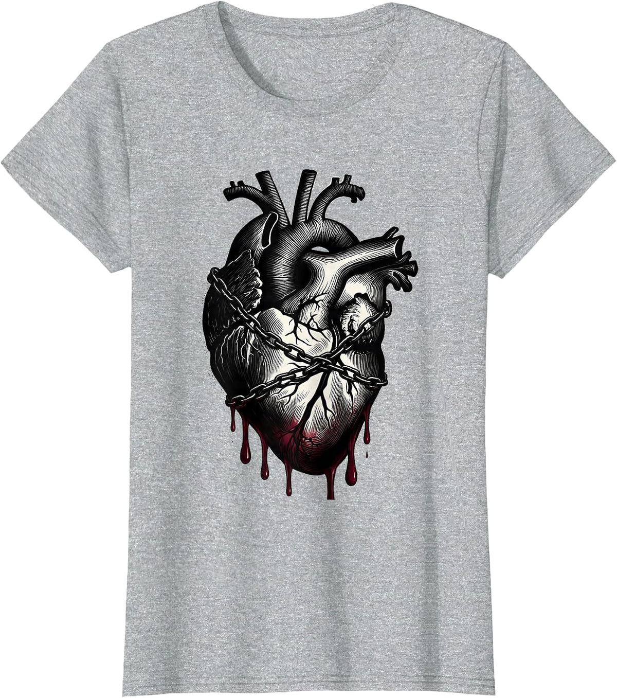 Dripping Bleeding Heart Wrapped in Chains Graphic T-Shirt - Heather Grey