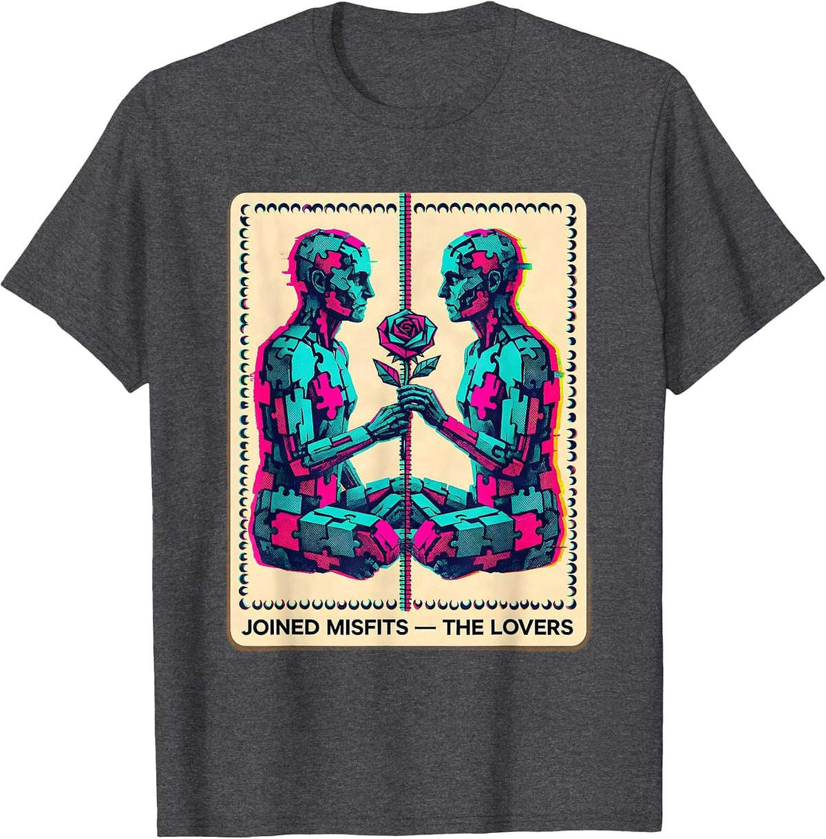 Men's Joined Misfits The Lovers Risograph Spooky Romance Halloween T-Shirt - Dark Heather Grey