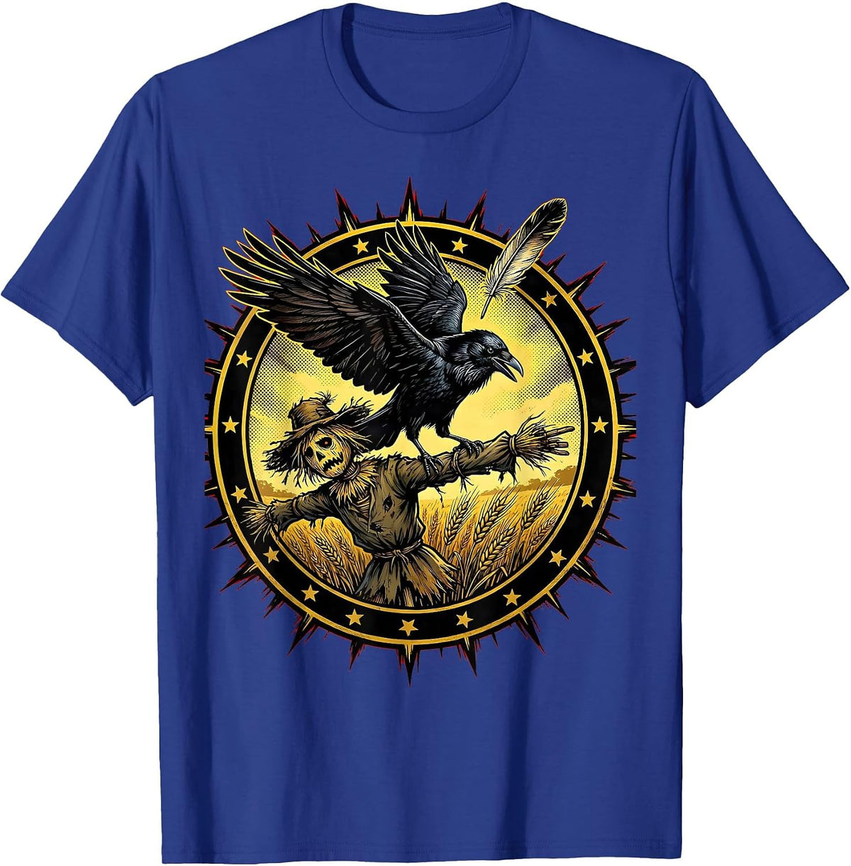 Crow Flipping Off Scarecrow Funny Field Art T-Shirt - Royal Blue