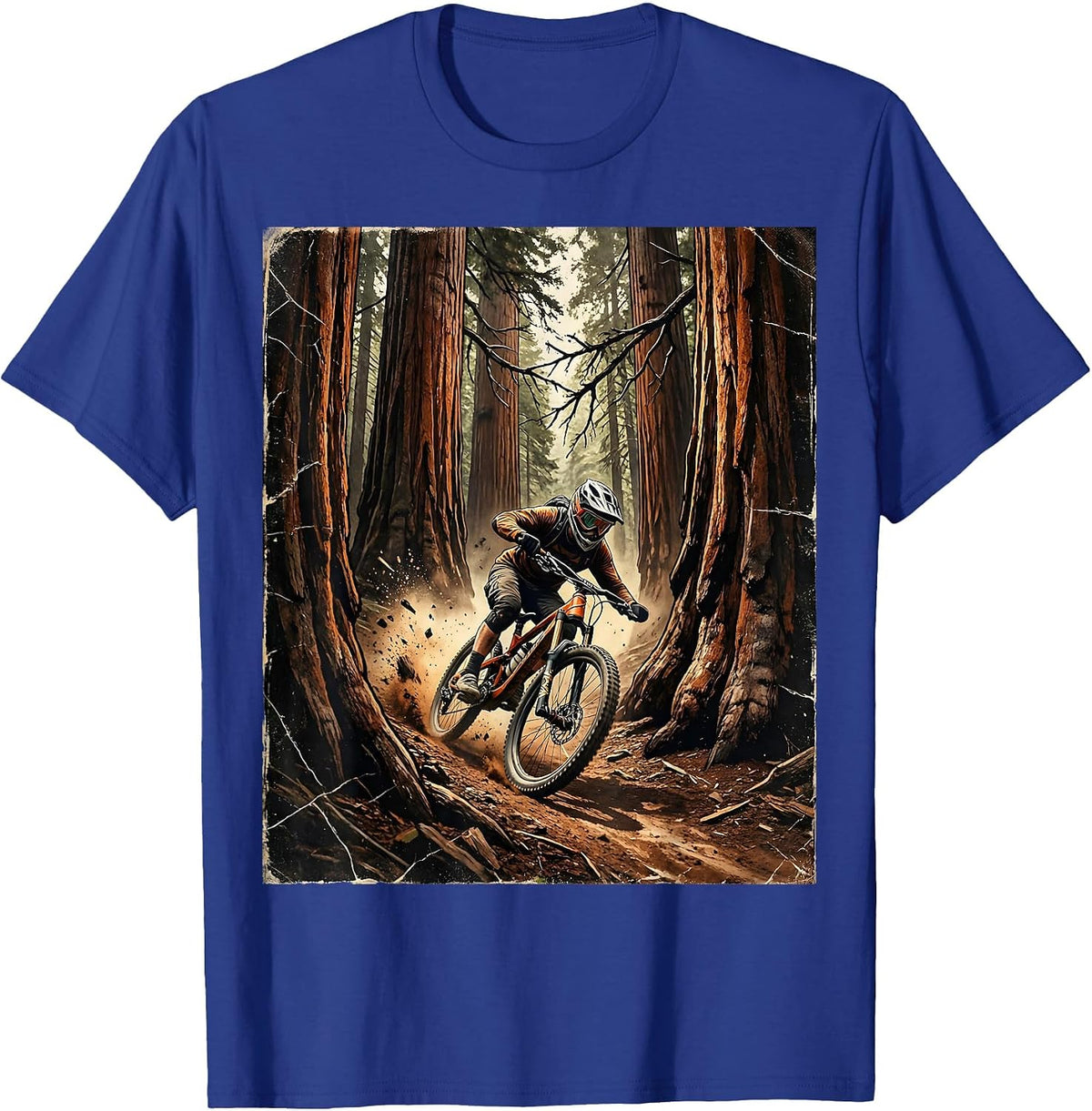 Mountain Biker Weaving Through Redwood Trees T-Shirt - Royal Blue
