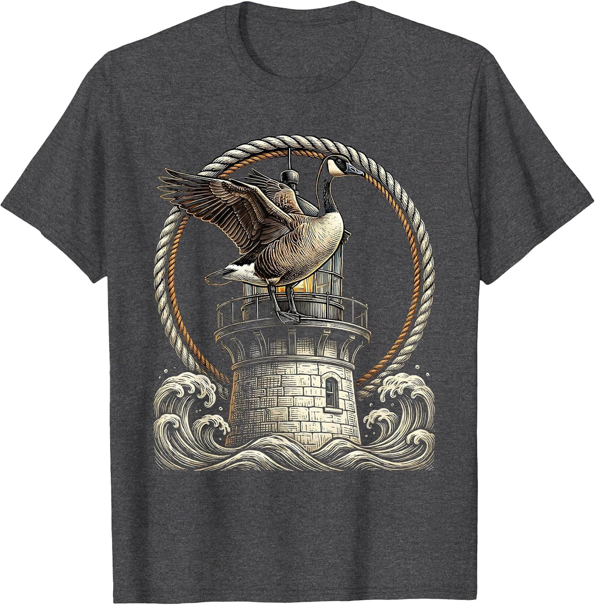 Goose on a Vintage Lighthouse Graphic T-Shirt - Dark Heather Grey