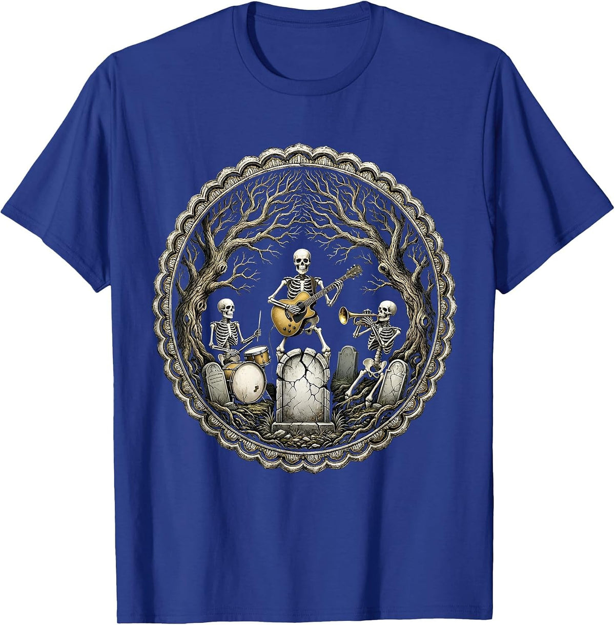 Skeleton Band Graveyard Concert Graphic T-Shirt - Royal Blue
