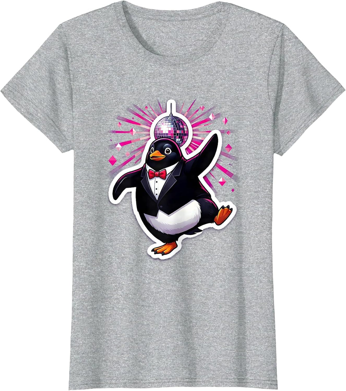 Women's Penguin in Tuxedo Dancing Under Disco Ball T-Shirt - Heather Grey