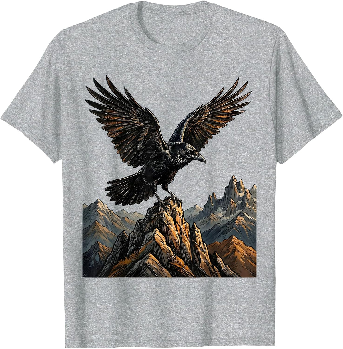 Men's Crow With Outstretched Wings On Mountain Peak T-Shirt - Heather Grey