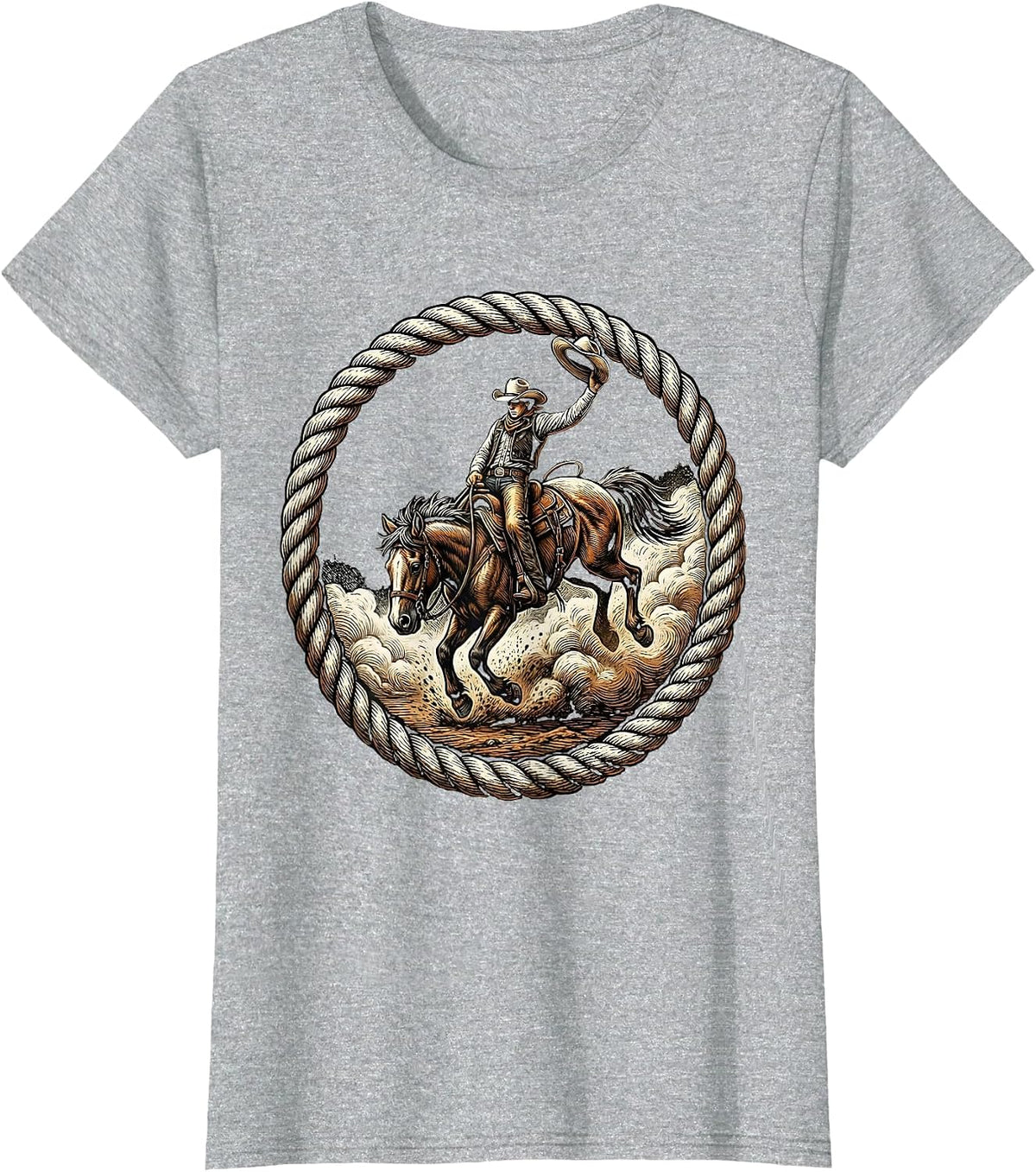 Cowboy Riding Bucking Bronco Dust Cloud Graphic T-Shirt - Heather Grey