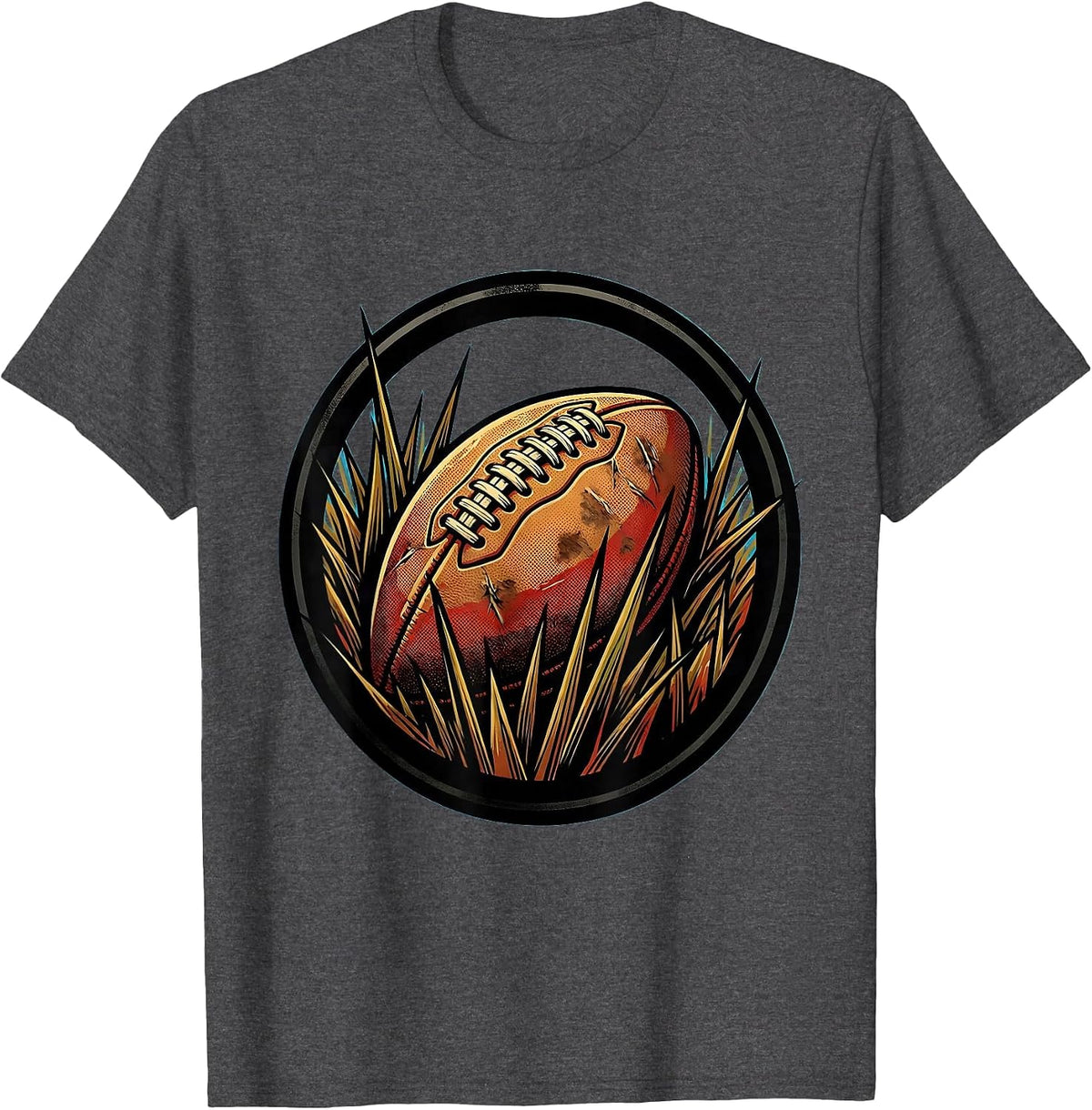 Men's Worn Leather Rugby Ball in Grass Illustration T-Shirt - Dark Heather Grey