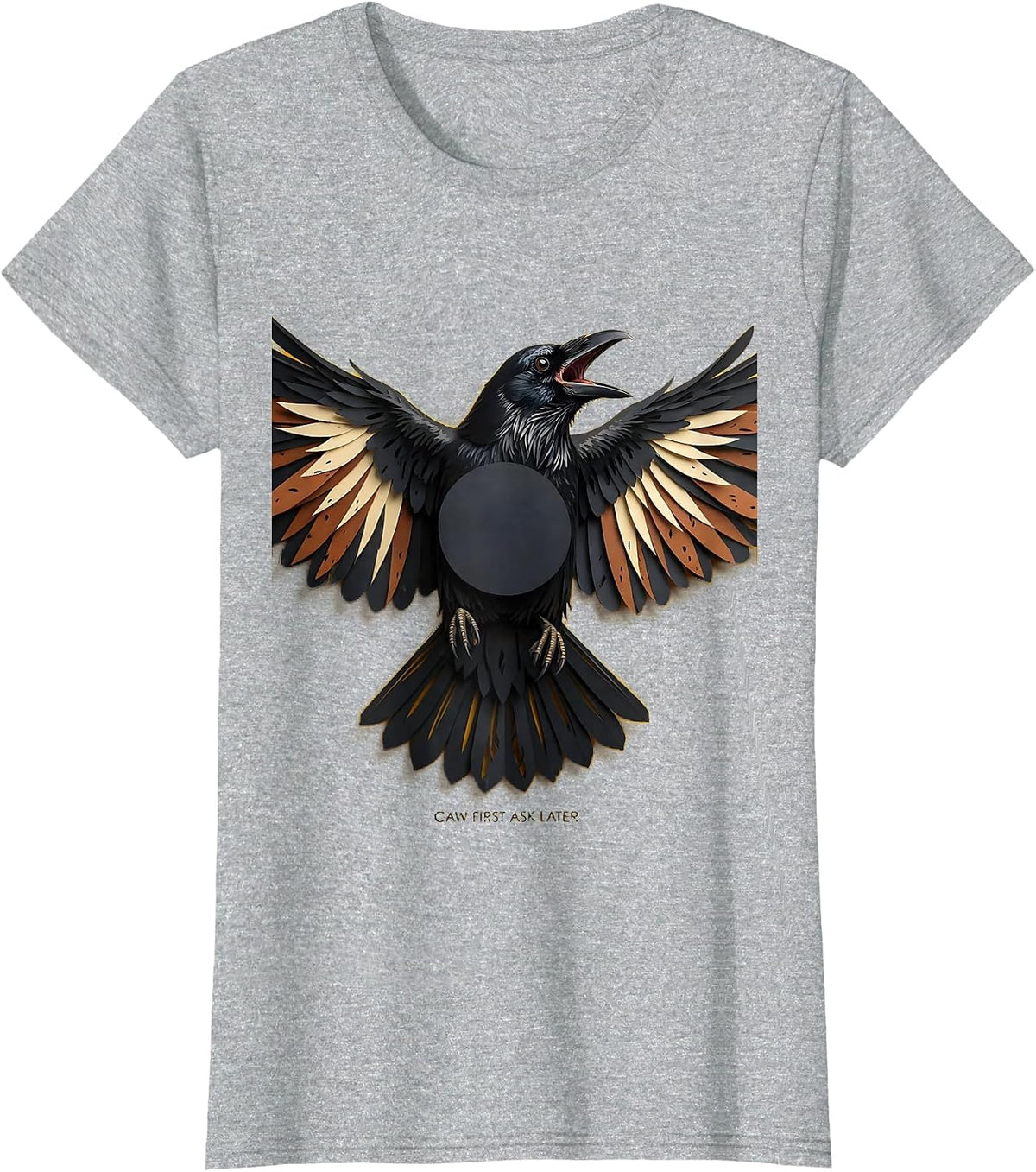 Women's Caw First Ask Later Bold Crow Design T-Shirt - Heather Grey