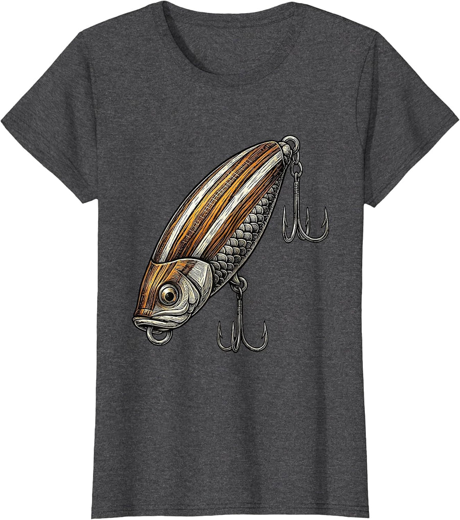 Women's Vintage Fishing Lure Treble Hook Illustration T-Shirt - Dark Heather Grey