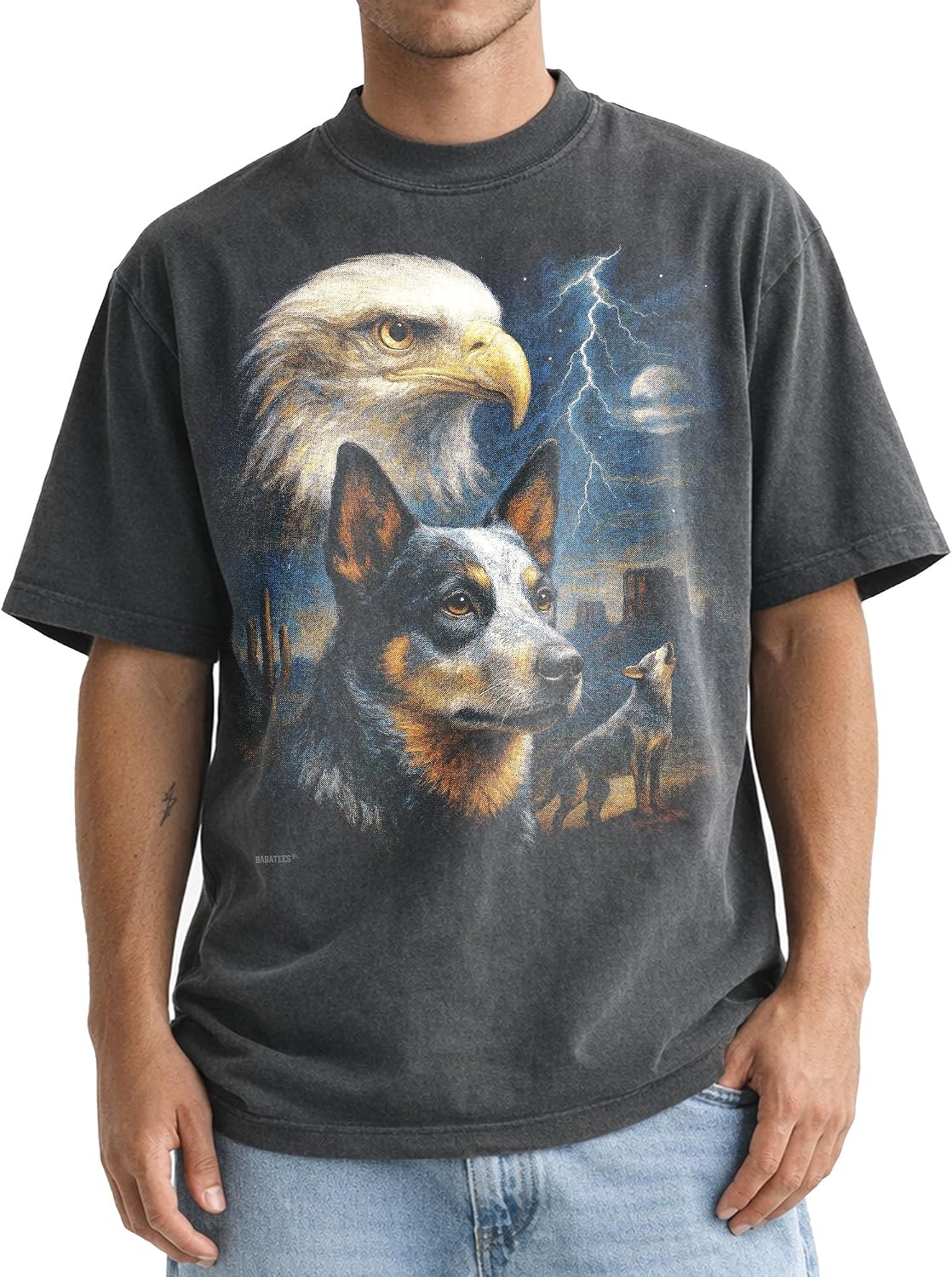 Shaka Wear Dog & Bald Eagle Thunder Tshirt - Faded Max-Heavyweight 7.5oz Oversized & Boxy - Blue Heeler