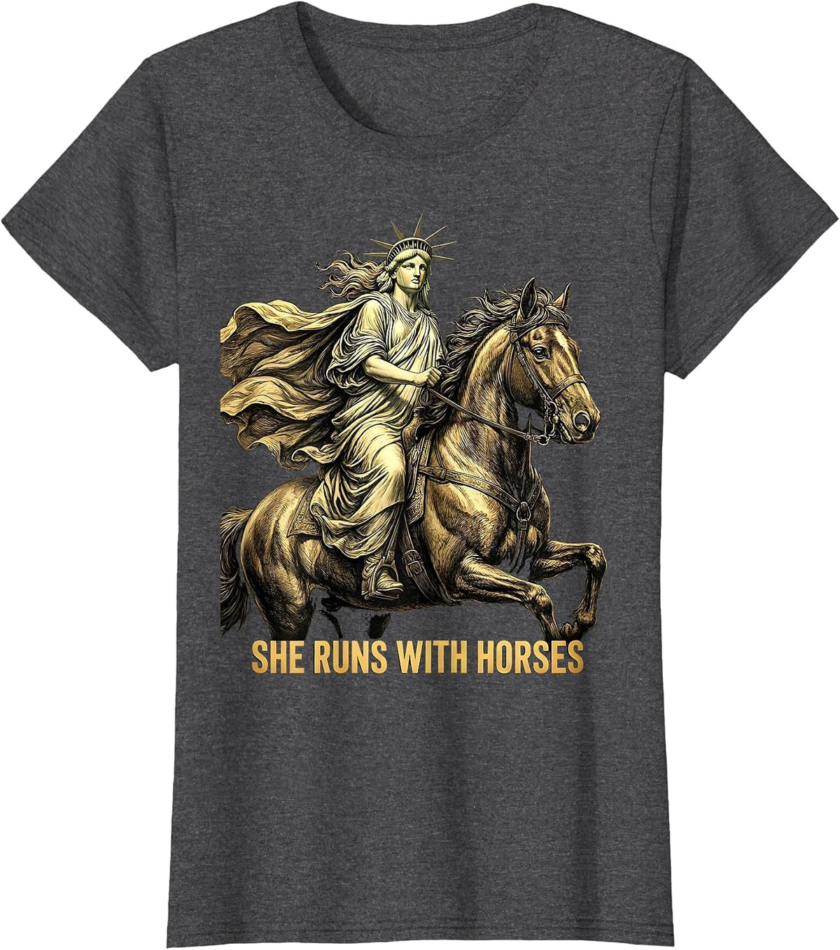 Women's She Runs With Horses Equestrian Design T-Shirt - Dark Heather Grey