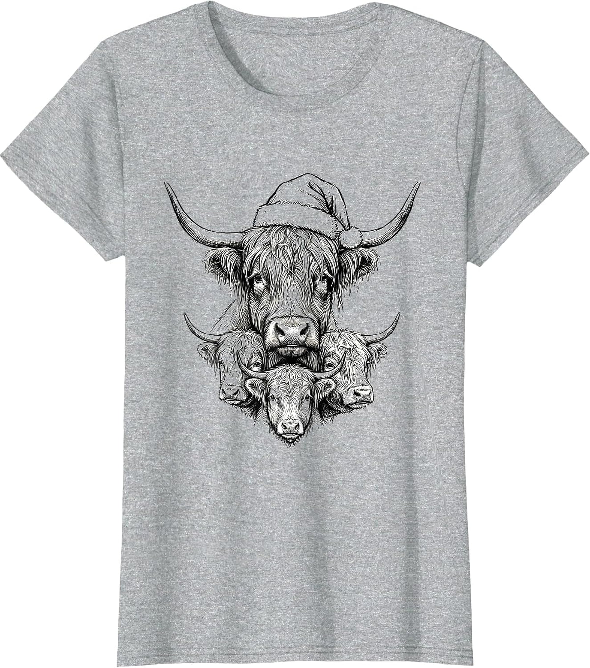 Women's Highland Cow Santa Hat Farm Animal Christmas Humor T-Shirt - Heather Grey