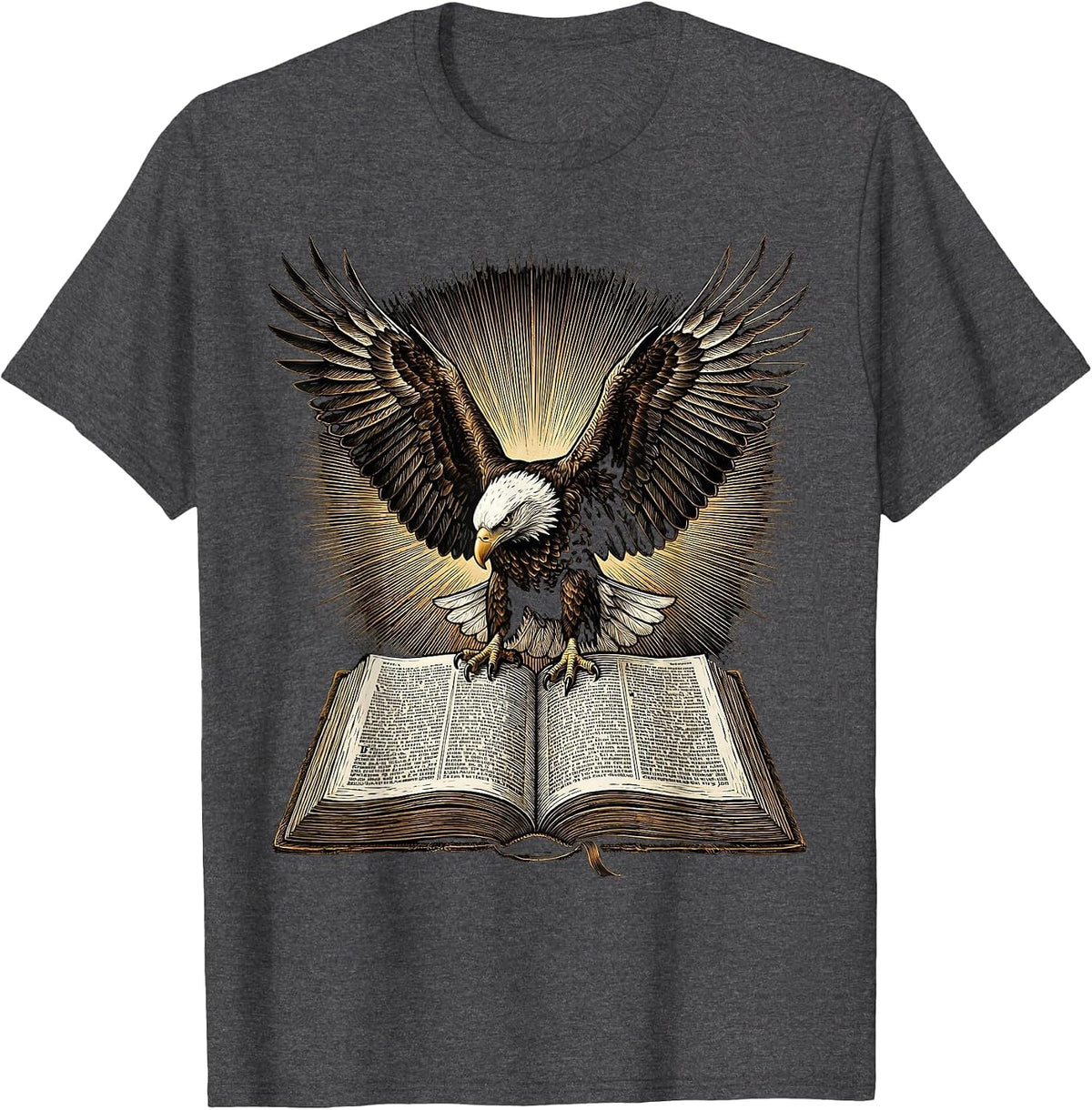 Men's Bald Eagle Over Bible Patriotic Christian Graphic T-Shirt - Dark Heather Grey