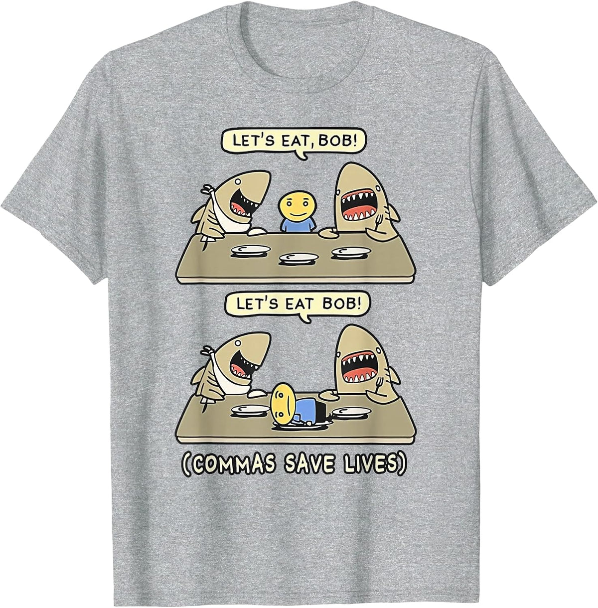 Commas Punctuation Shark Lets Eat Funny English Grammar T-Shirt - Heather Grey